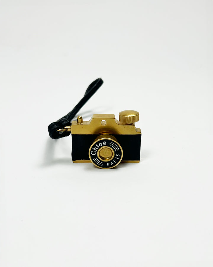 00's Chloé Miniature Camera Charm Keyring in Brass Metal & Leather