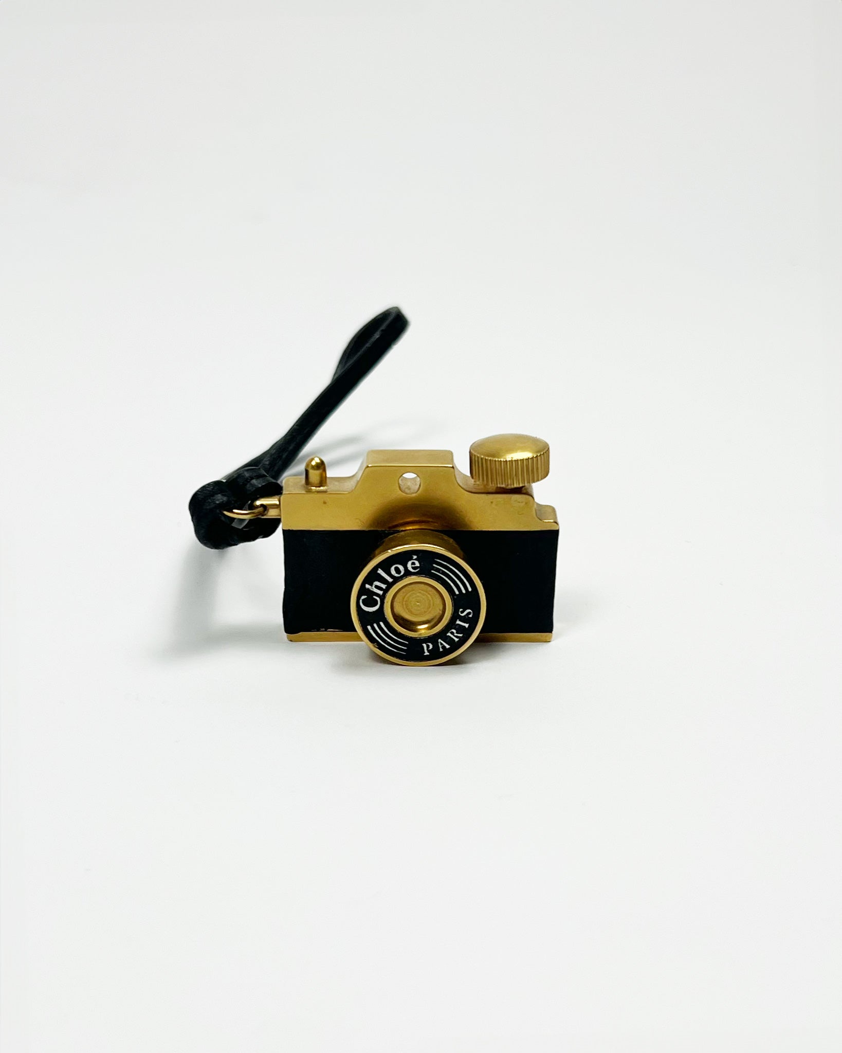 00's Chloé Miniature Camera Charm Keyring in Brass Metal & Leather