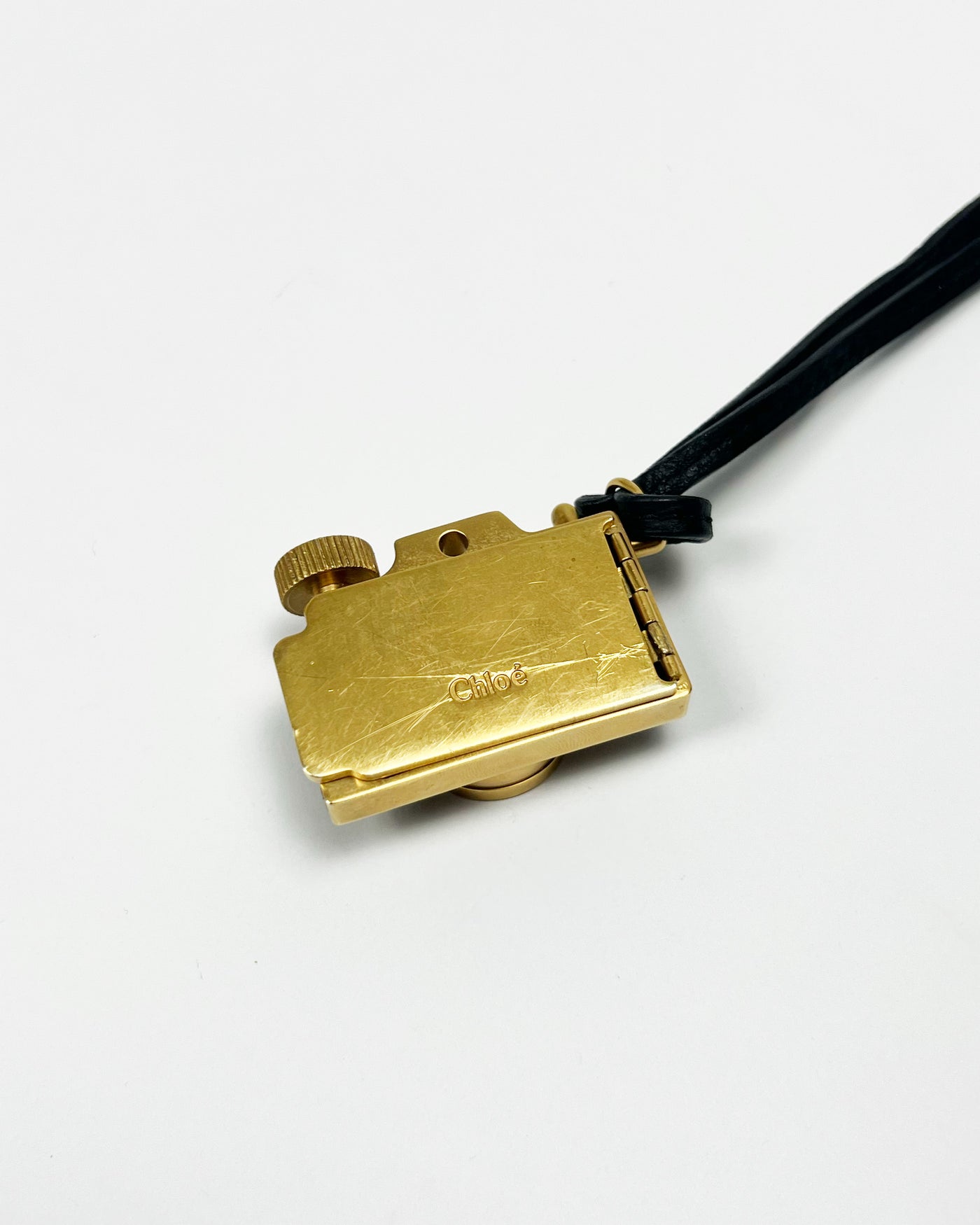 00's Chloé Miniature Camera Charm Keyring in Brass Metal & Leather