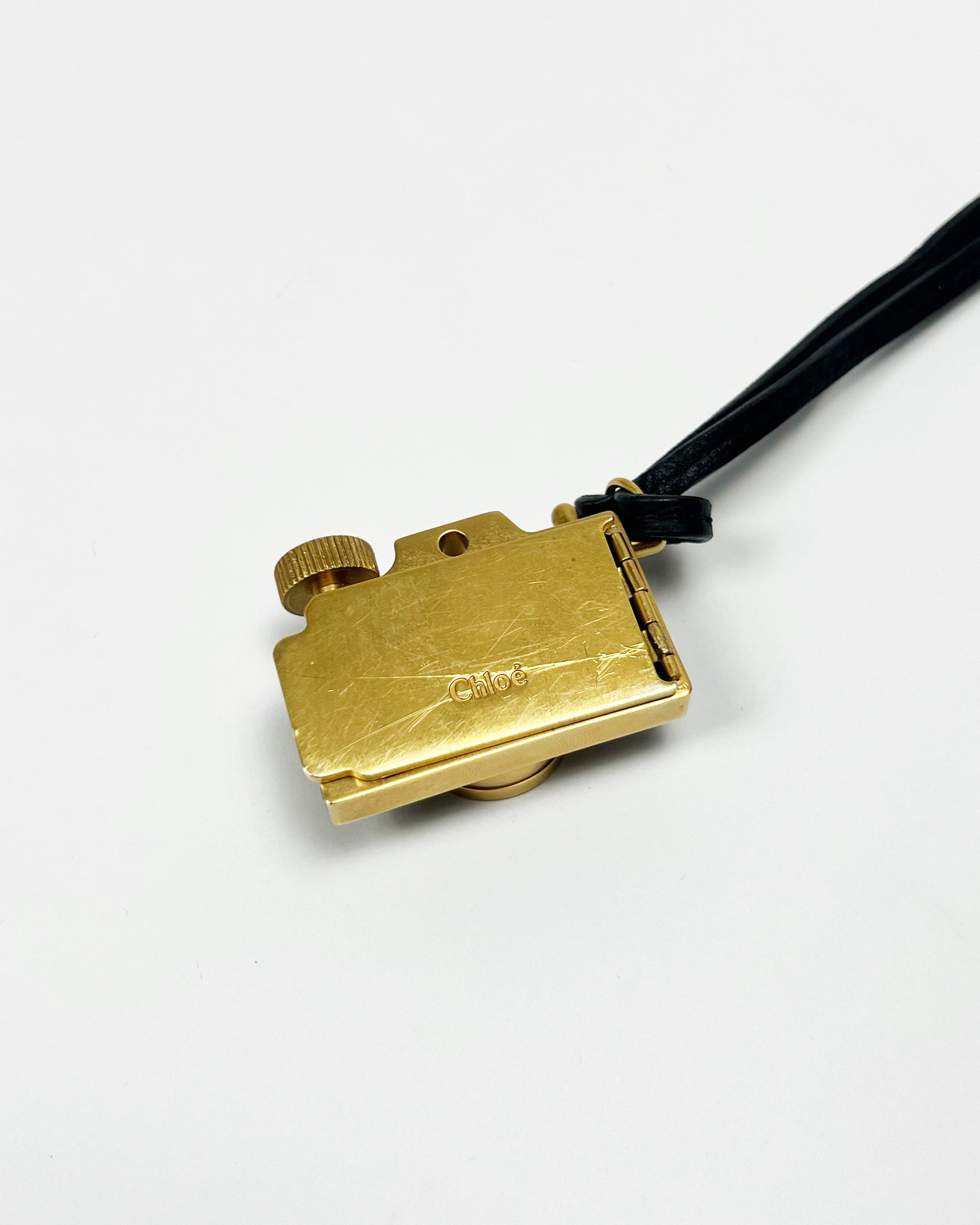 00's Chloé Miniature Camera Charm Keyring in Brass Metal & Leather