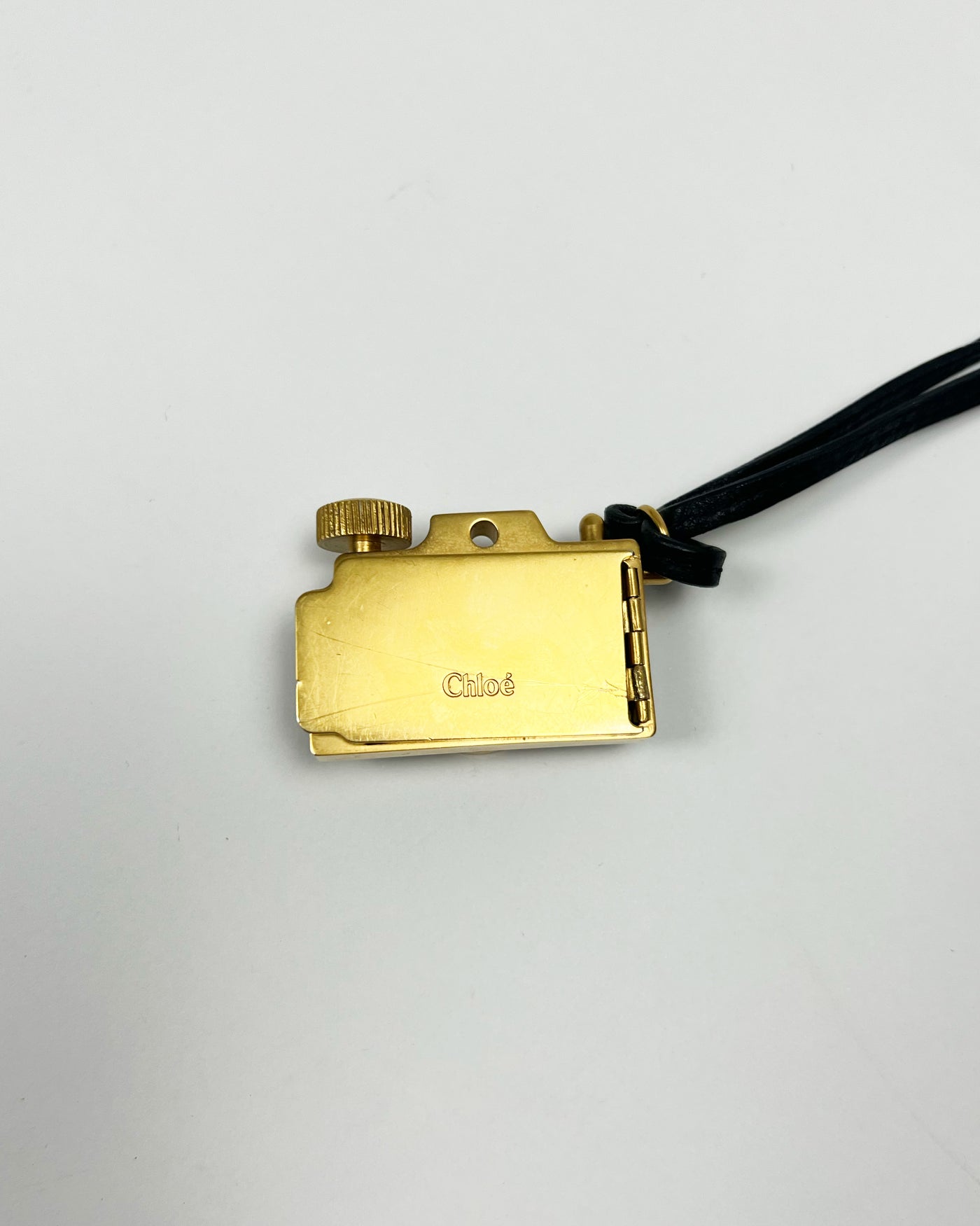 00's Chloé Miniature Camera Charm Keyring in Brass Metal & Leather