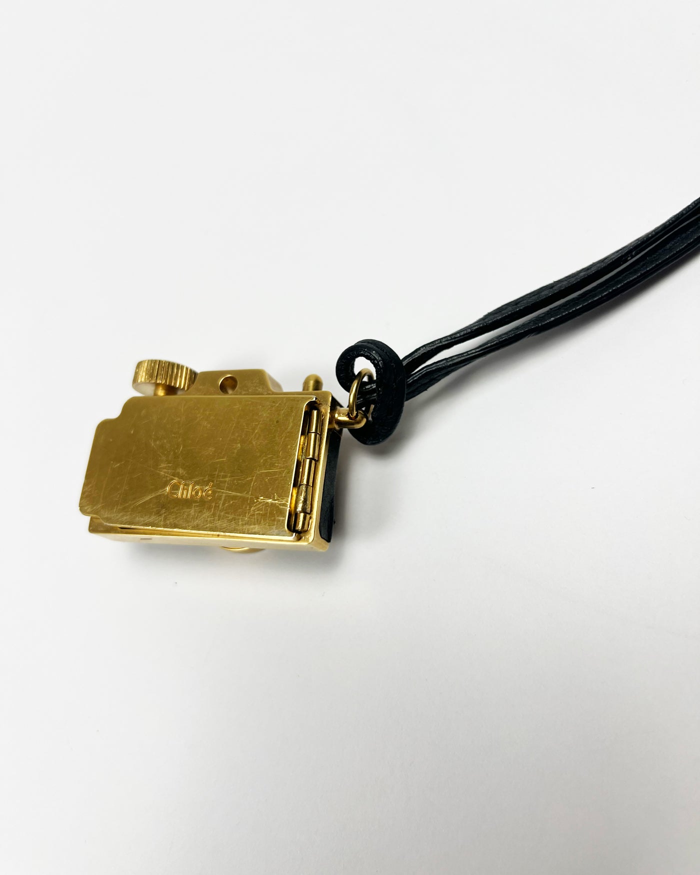 00's Chloé Miniature Camera Charm Keyring in Brass Metal & Leather