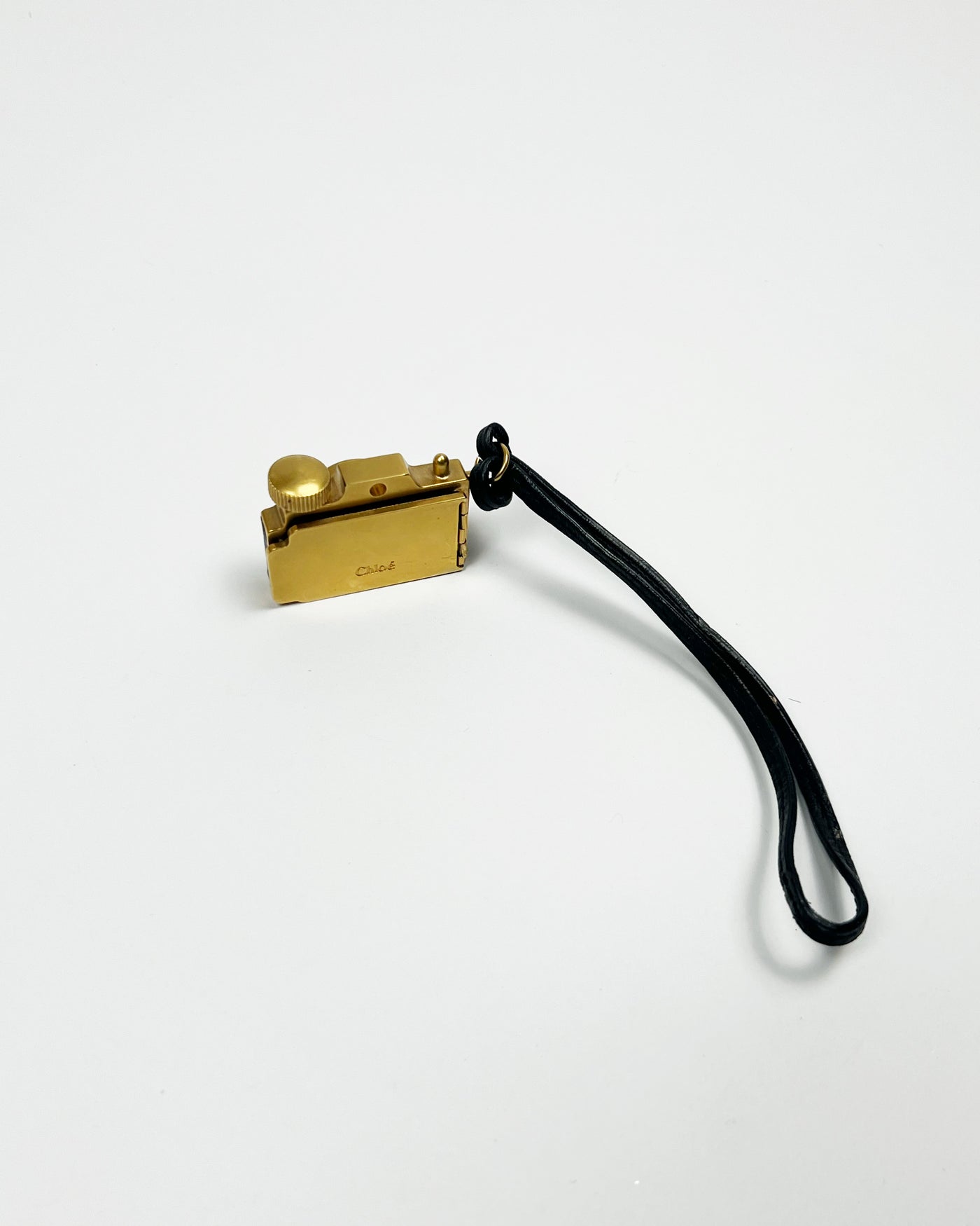 00's Chloé Miniature Camera Charm Keyring in Brass Metal & Leather