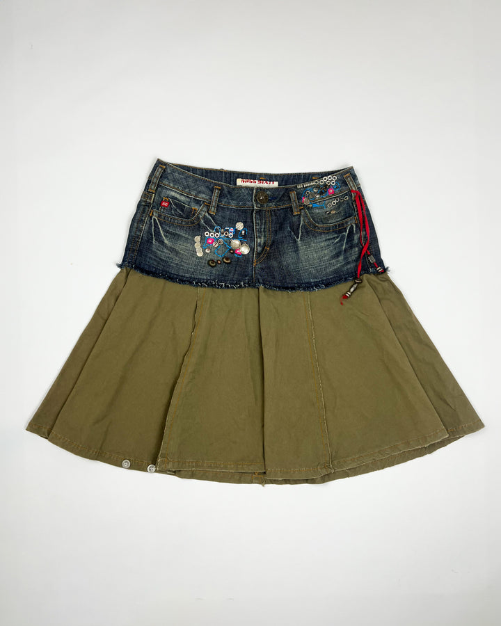 00's Miss Sixty Low Rise Midi Skirt with Buttons & Charms  in Khaki & Denim - W30