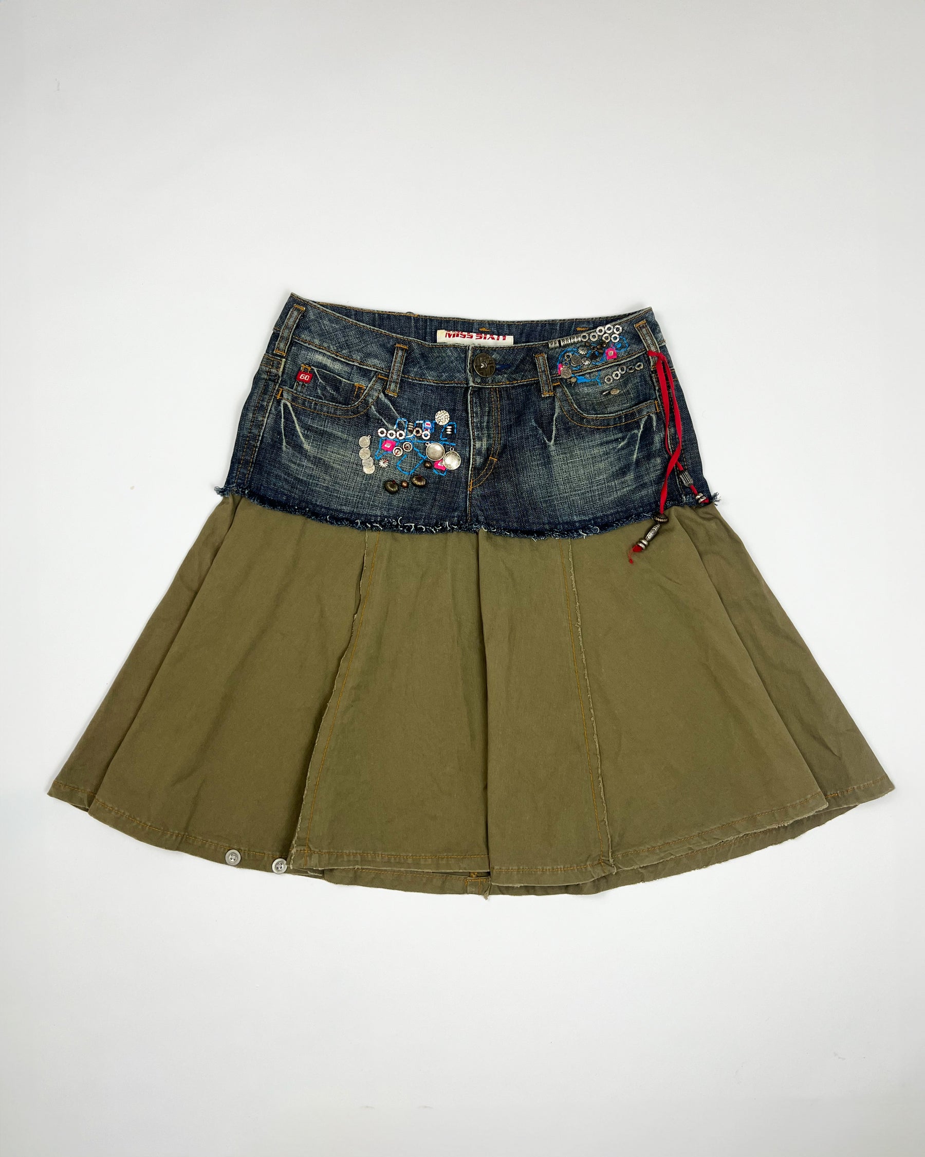 00's Miss Sixty Low Rise Midi Skirt with Buttons & Charms  in Khaki & Denim - W30