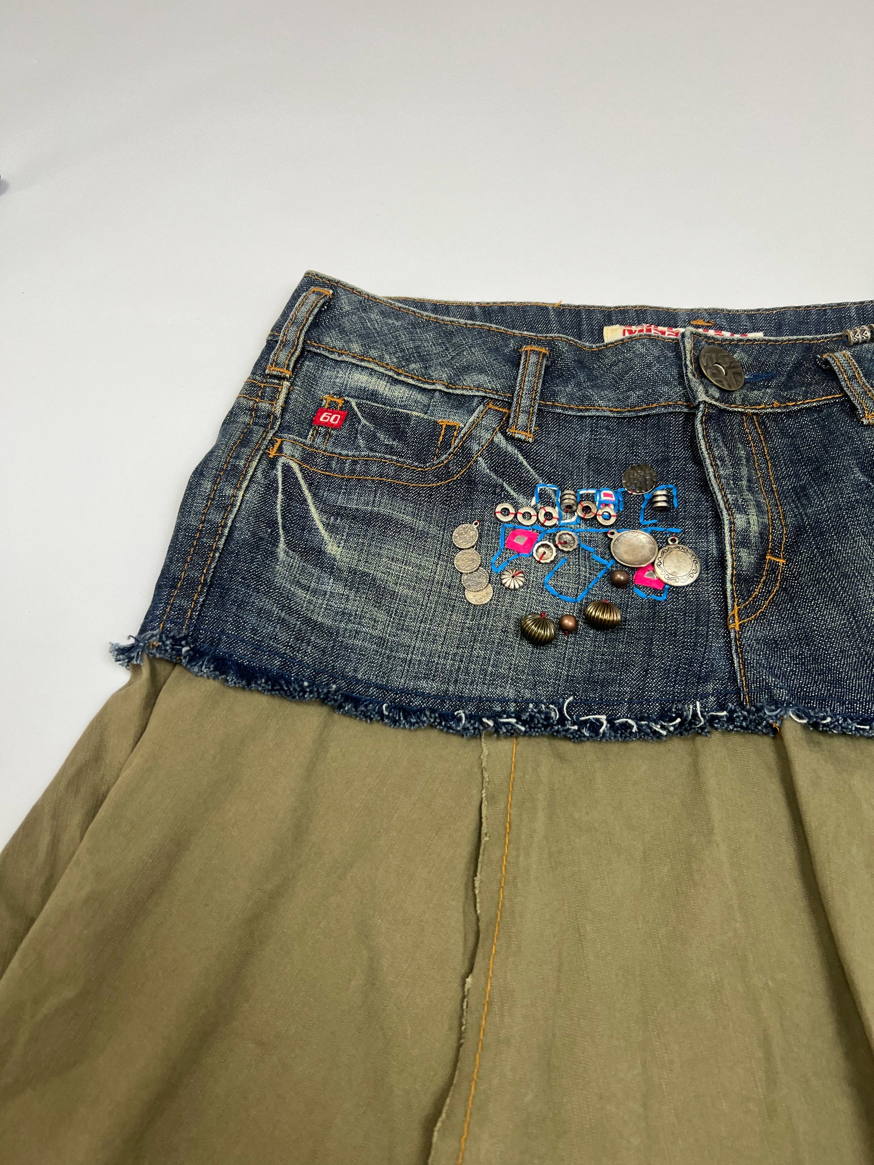 00's Miss Sixty Low Rise Midi Skirt with Buttons & Charms  in Khaki & Denim - W30