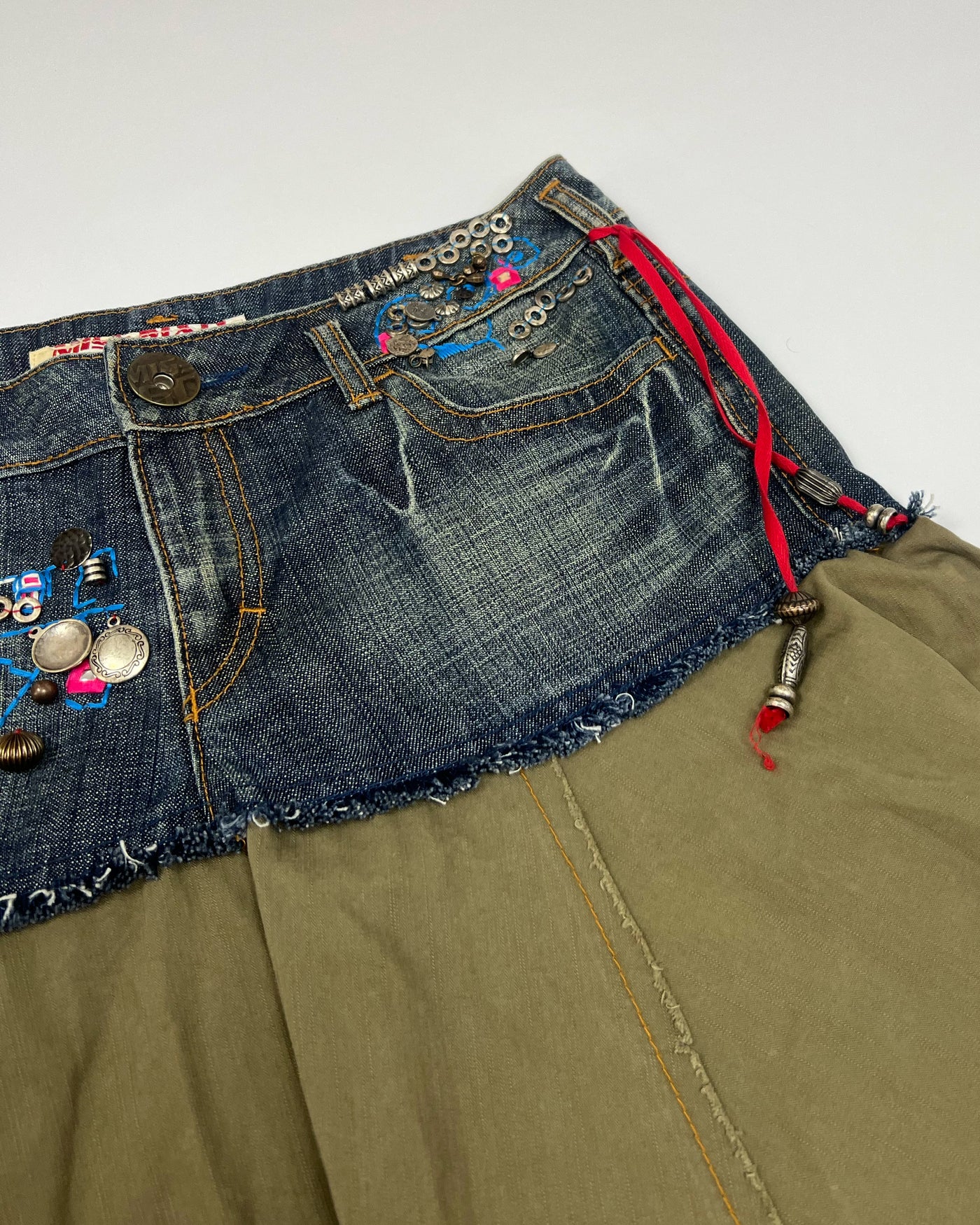 00's Miss Sixty Low Rise Midi Skirt with Buttons & Charms  in Khaki & Denim - W30
