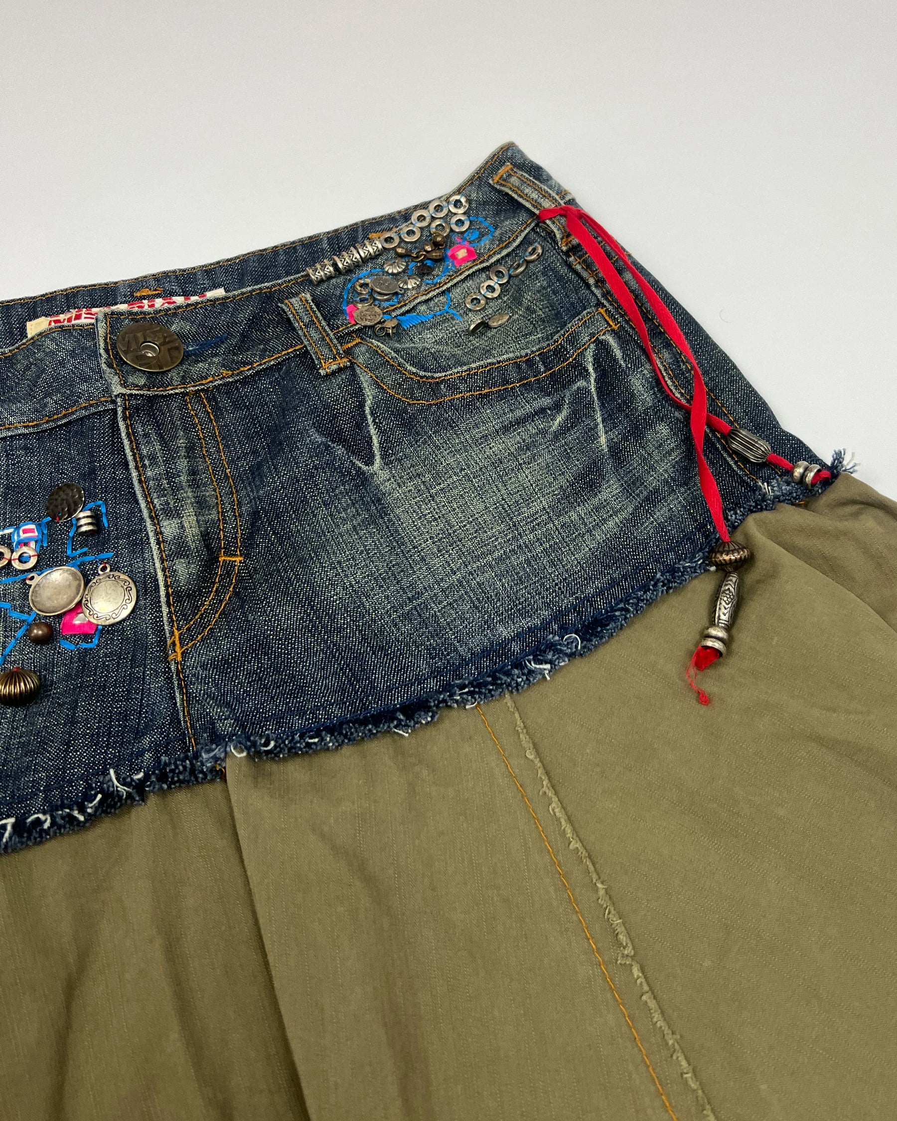00's Miss Sixty Low Rise Midi Skirt with Buttons & Charms  in Khaki & Denim - W30