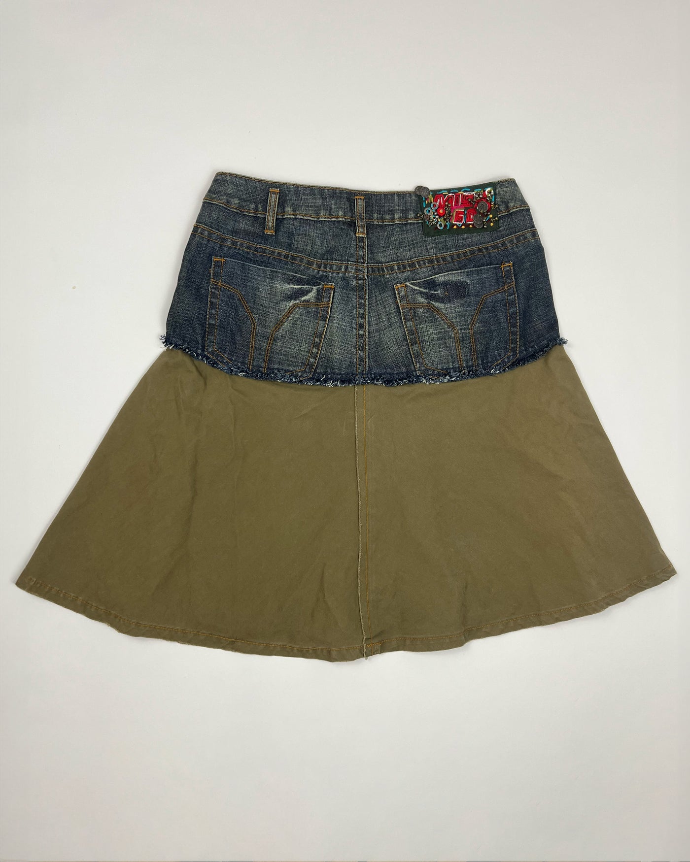 00's Miss Sixty Low Rise Midi Skirt with Buttons & Charms  in Khaki & Denim - W30