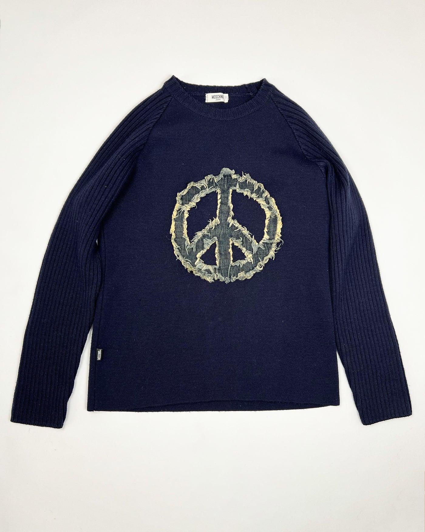00's Moschino Jeans Knit with Denim Peace Sign Applique - M