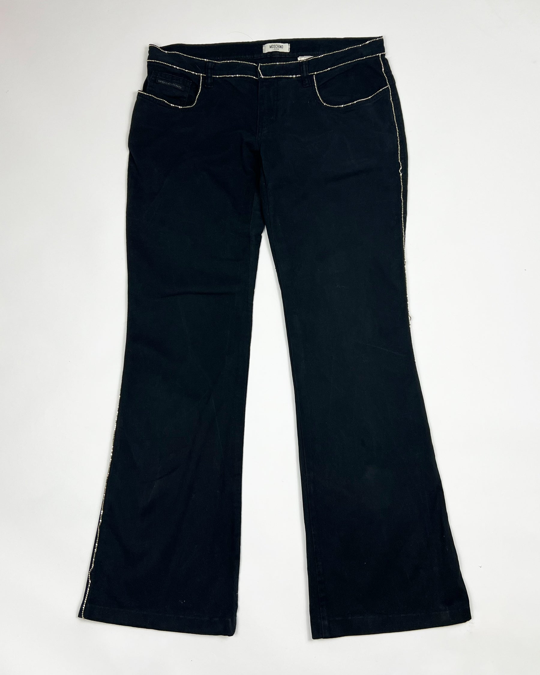 90's Moschino Low Rise Bootcut Jeans with Metallic Bead Trim - W32