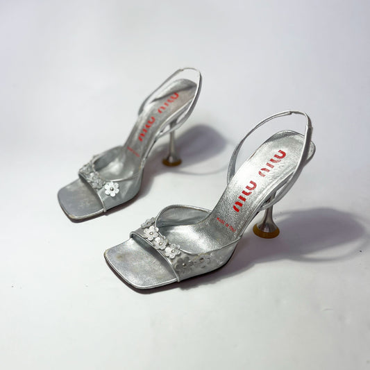 90's Miu Miu Mesh Slingback Heels with Flower Details in Silver - UK 4