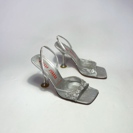 90's Miu Miu Mesh Slingback Heels with Flower Details in Silver - UK 4
