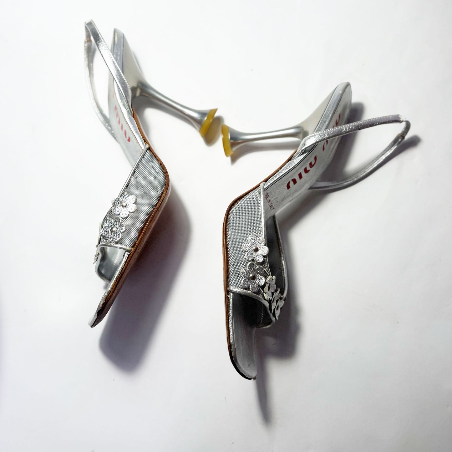 90's Miu Miu Mesh Slingback Heels with Flower Details in Silver - UK 4