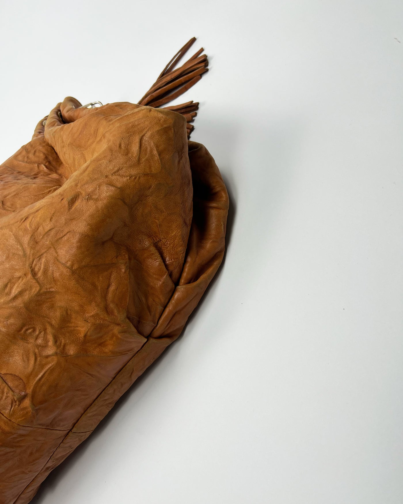 00's Miu Miu Leather Hobo Bag with Tassels in Tan
