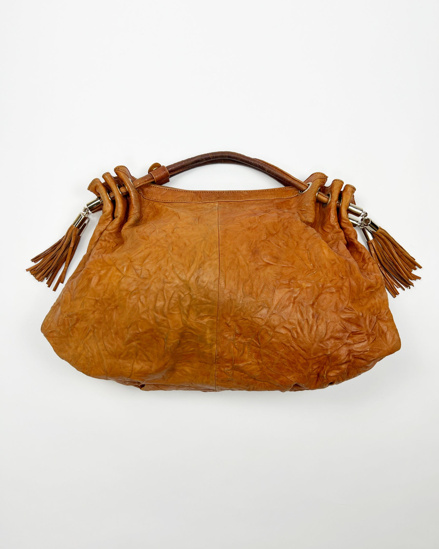 00's Miu Miu Leather Hobo Bag with Tassels in Tan