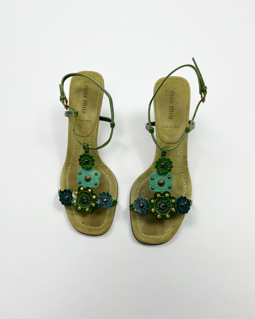 SS 2004 Miu Miu Floral T Bar Heels in Green / Aqua Suede & Leather  - UK 3