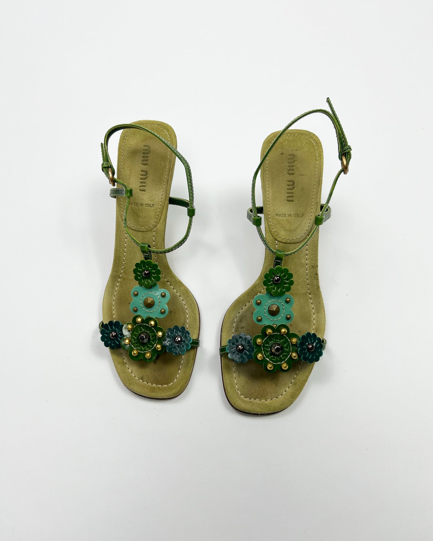 SS 2004 Miu Miu Floral T Bar Heels in Green / Aqua Suede & Leather  - UK 3