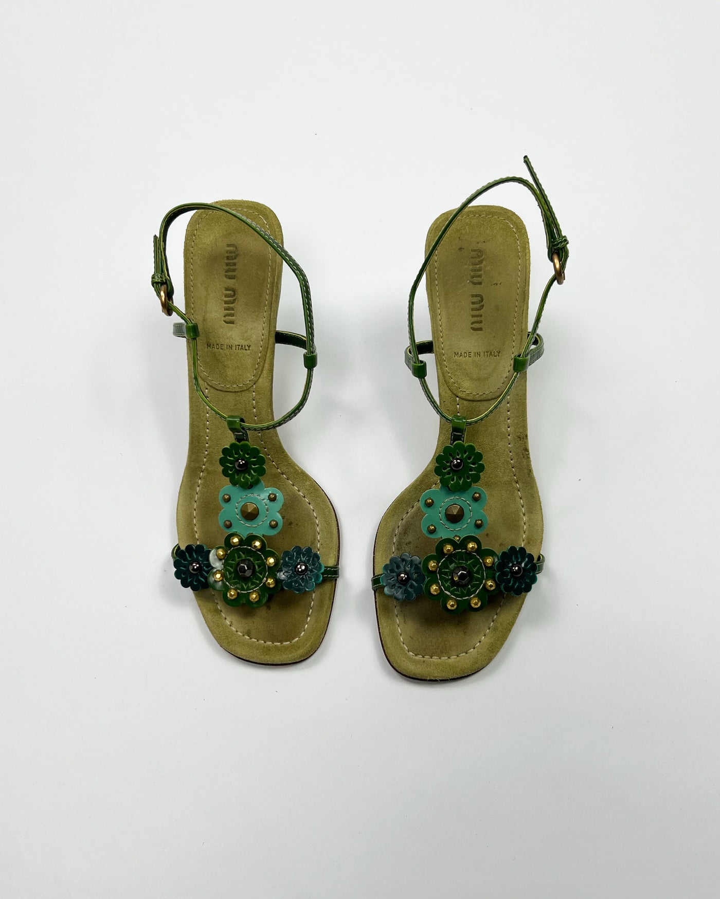 SS 2004 Miu Miu Floral T Bar Heels in Green / Aqua Suede & Leather  - UK 3