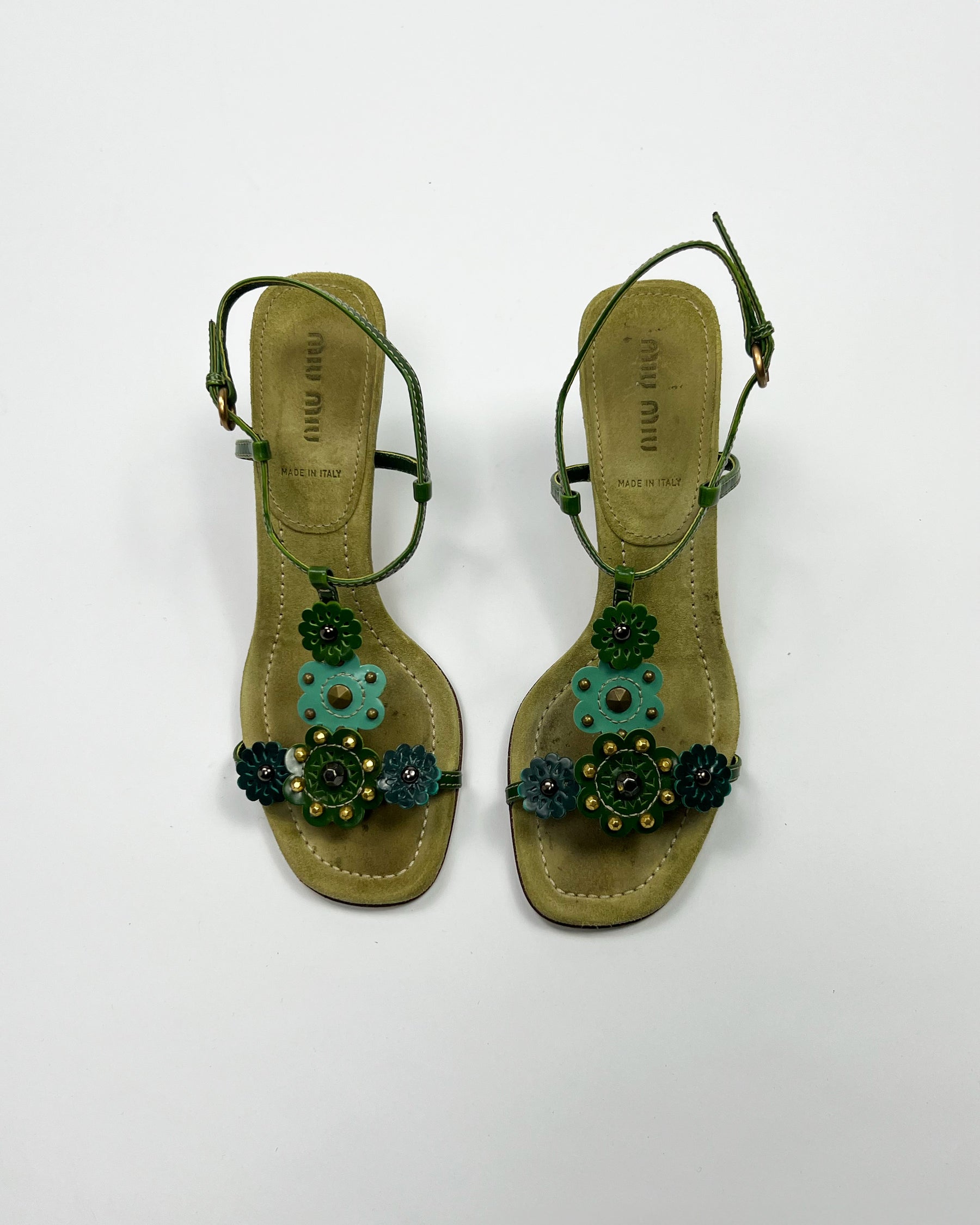 SS 2004 Miu Miu Floral T Bar Heels in Green / Aqua Suede & Leather  - UK 3