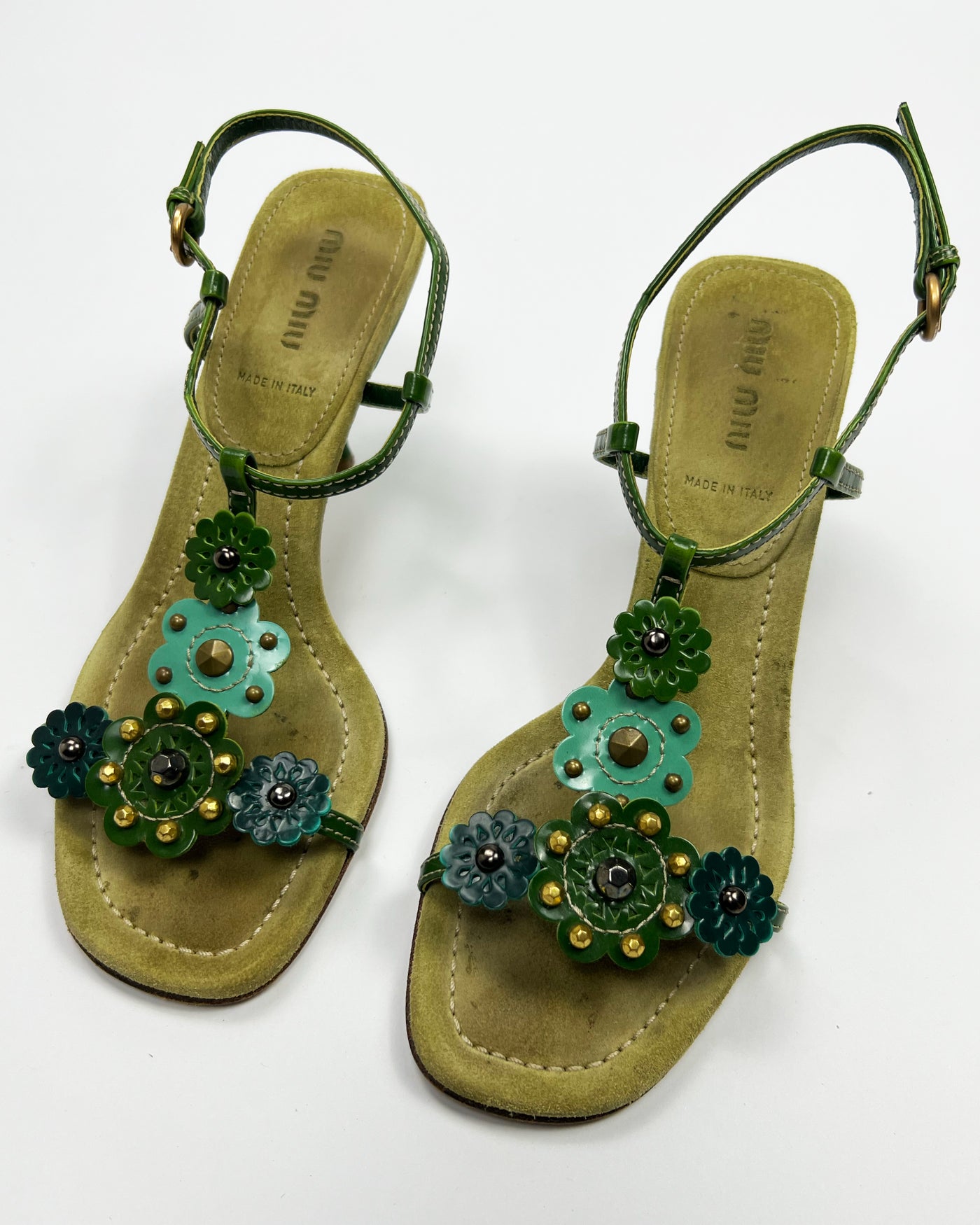 SS 2004 Miu Miu Floral T Bar Heels in Green / Aqua Suede & Leather  - UK 3