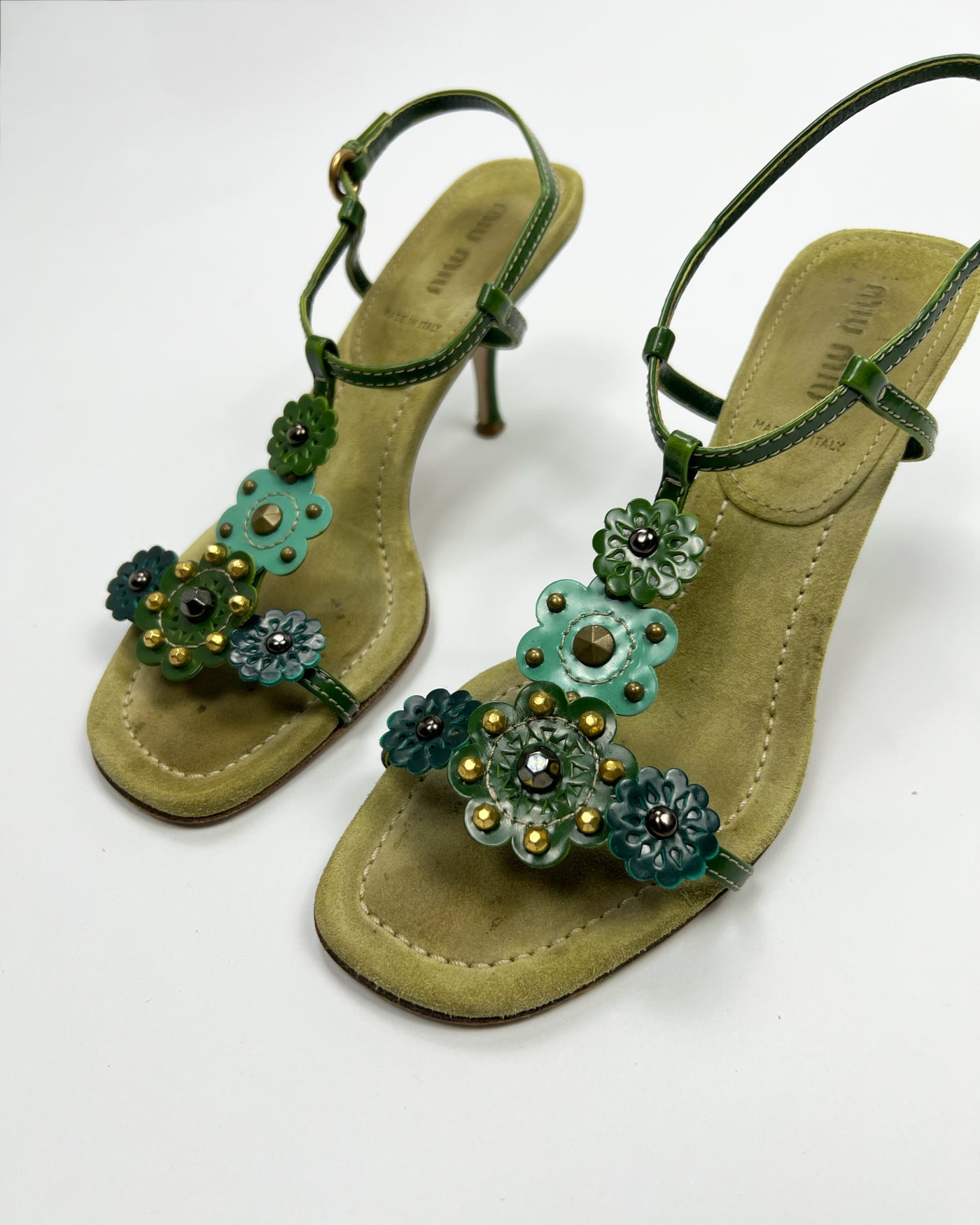 SS 2004 Miu Miu Floral T Bar Heels in Green / Aqua Suede & Leather  - UK 3