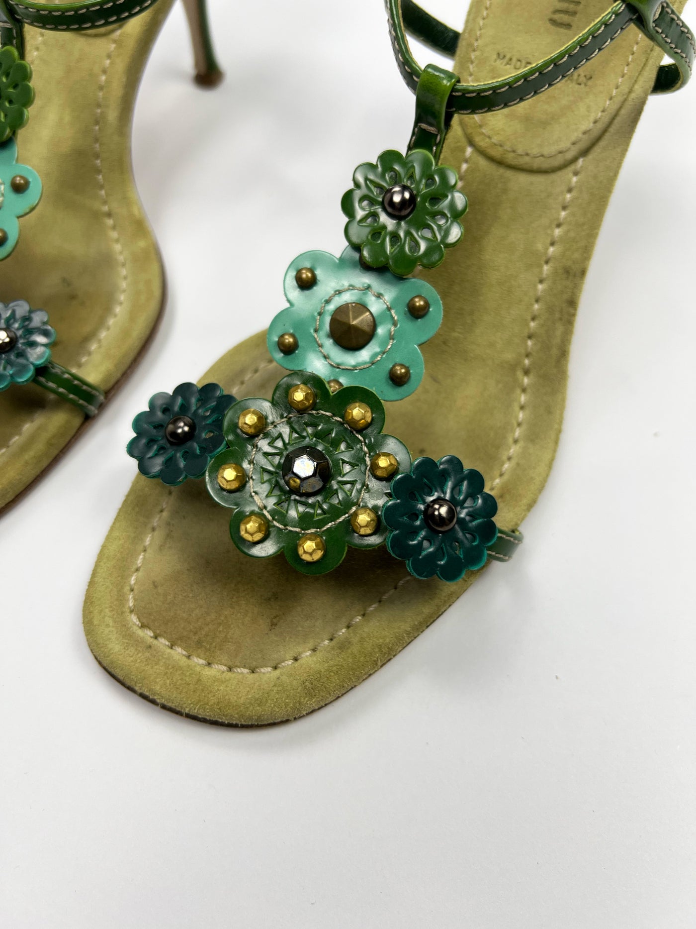 SS 2004 Miu Miu Floral T Bar Heels in Green / Aqua Suede & Leather  - UK 3