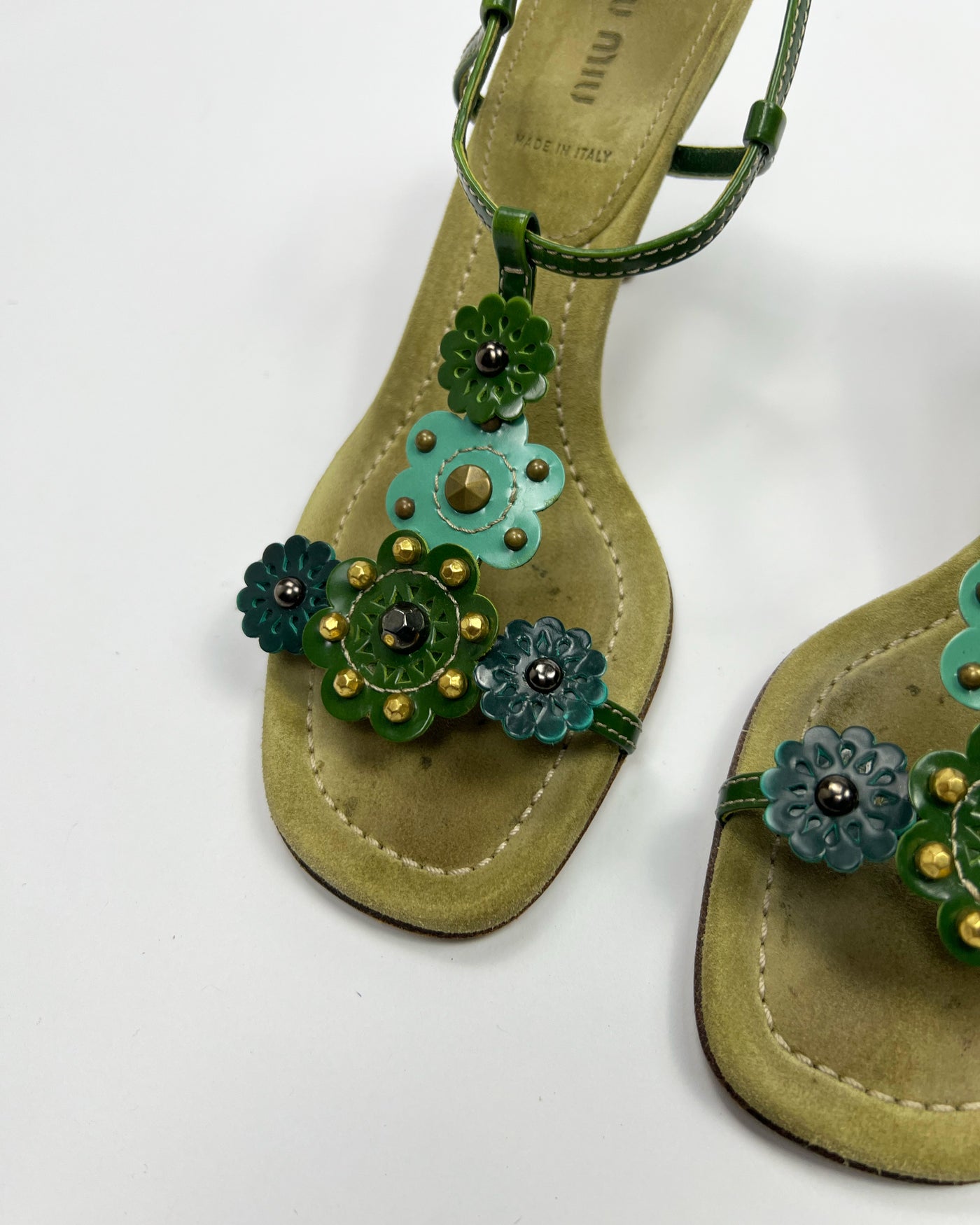 SS 2004 Miu Miu Floral T Bar Heels in Green / Aqua Suede & Leather  - UK 3