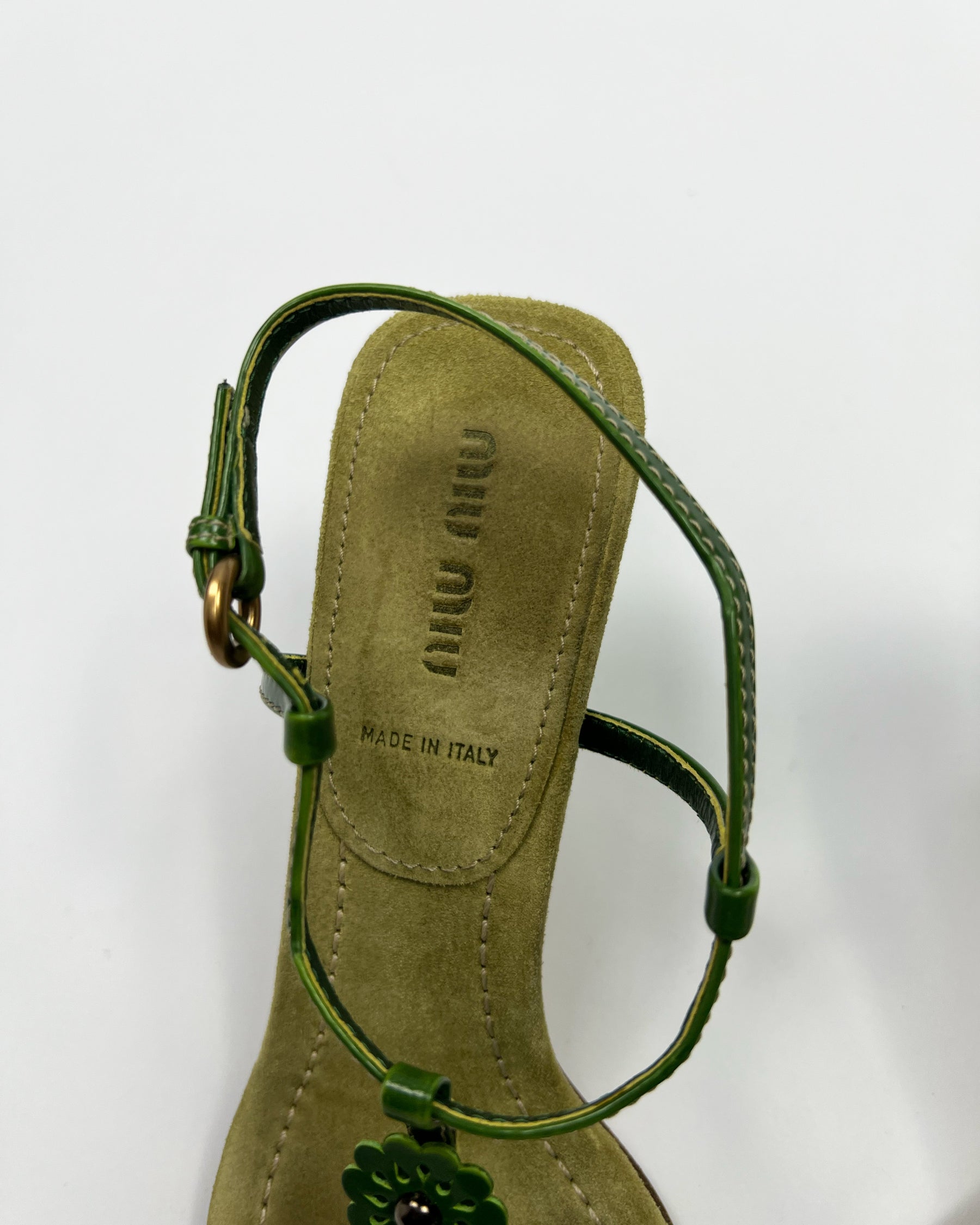SS 2004 Miu Miu Floral T Bar Heels in Green / Aqua Suede & Leather  - UK 3