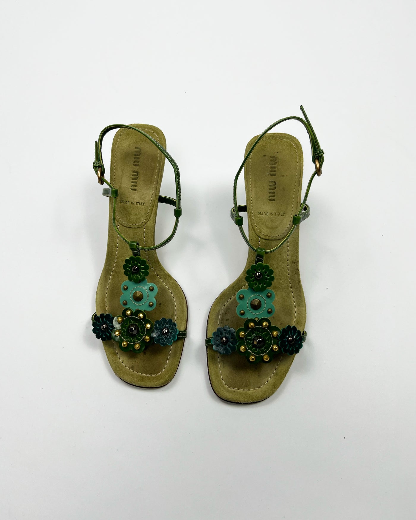 SS 2004 Miu Miu Floral T Bar Heels in Green / Aqua Suede & Leather  - UK 3