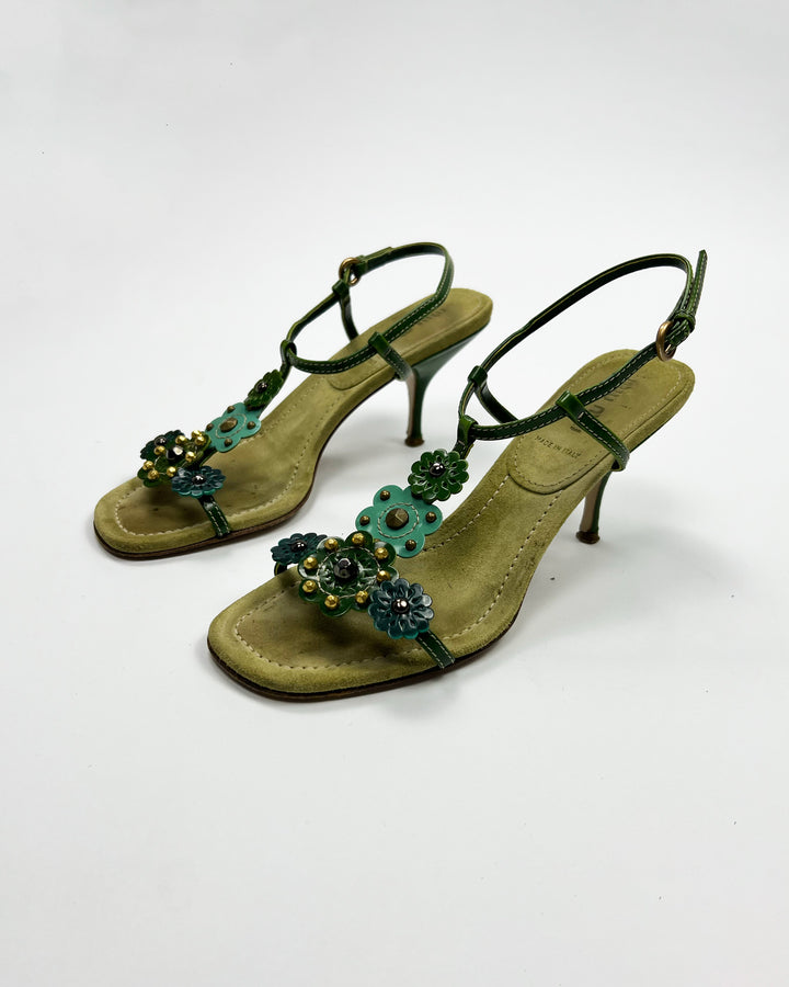 SS 2004 Miu Miu Floral T Bar Heels in Green / Aqua Suede & Leather  - UK 3