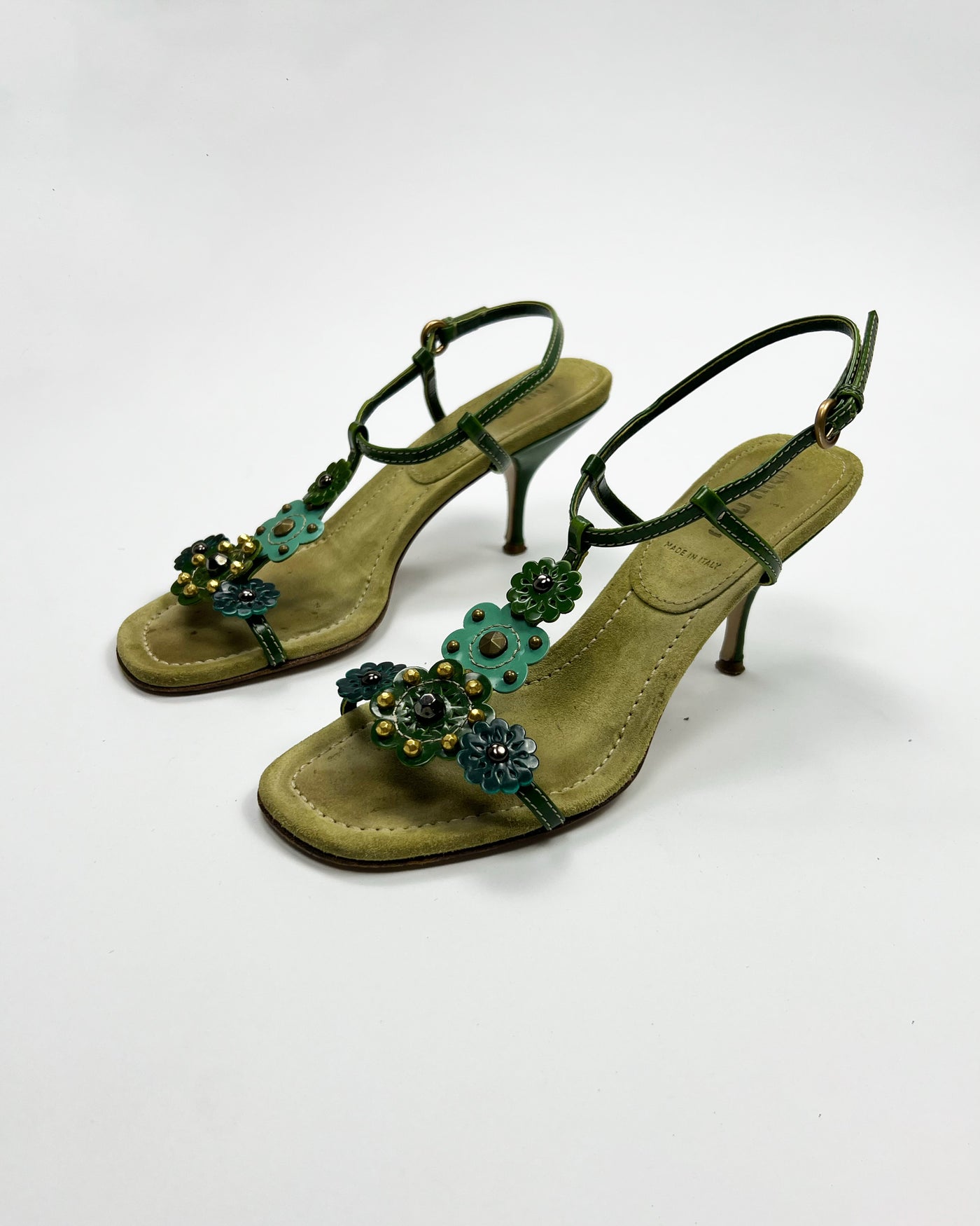 SS 2004 Miu Miu Floral T Bar Heels in Green / Aqua Suede & Leather  - UK 3