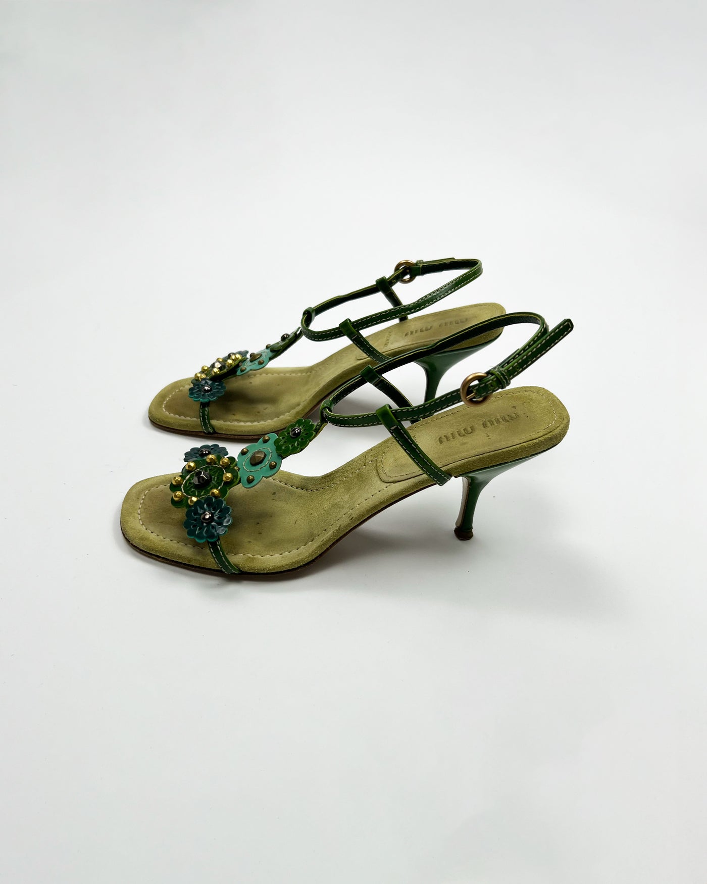 SS 2004 Miu Miu Floral T Bar Heels in Green / Aqua Suede & Leather  - UK 3