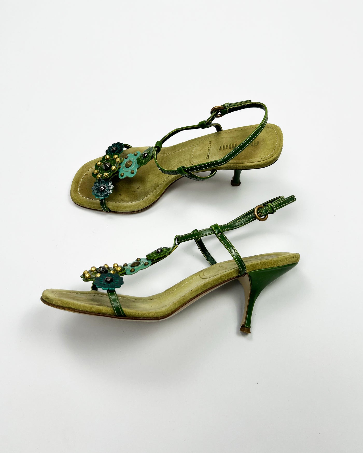 SS 2004 Miu Miu Floral T Bar Heels in Green / Aqua Suede & Leather  - UK 3