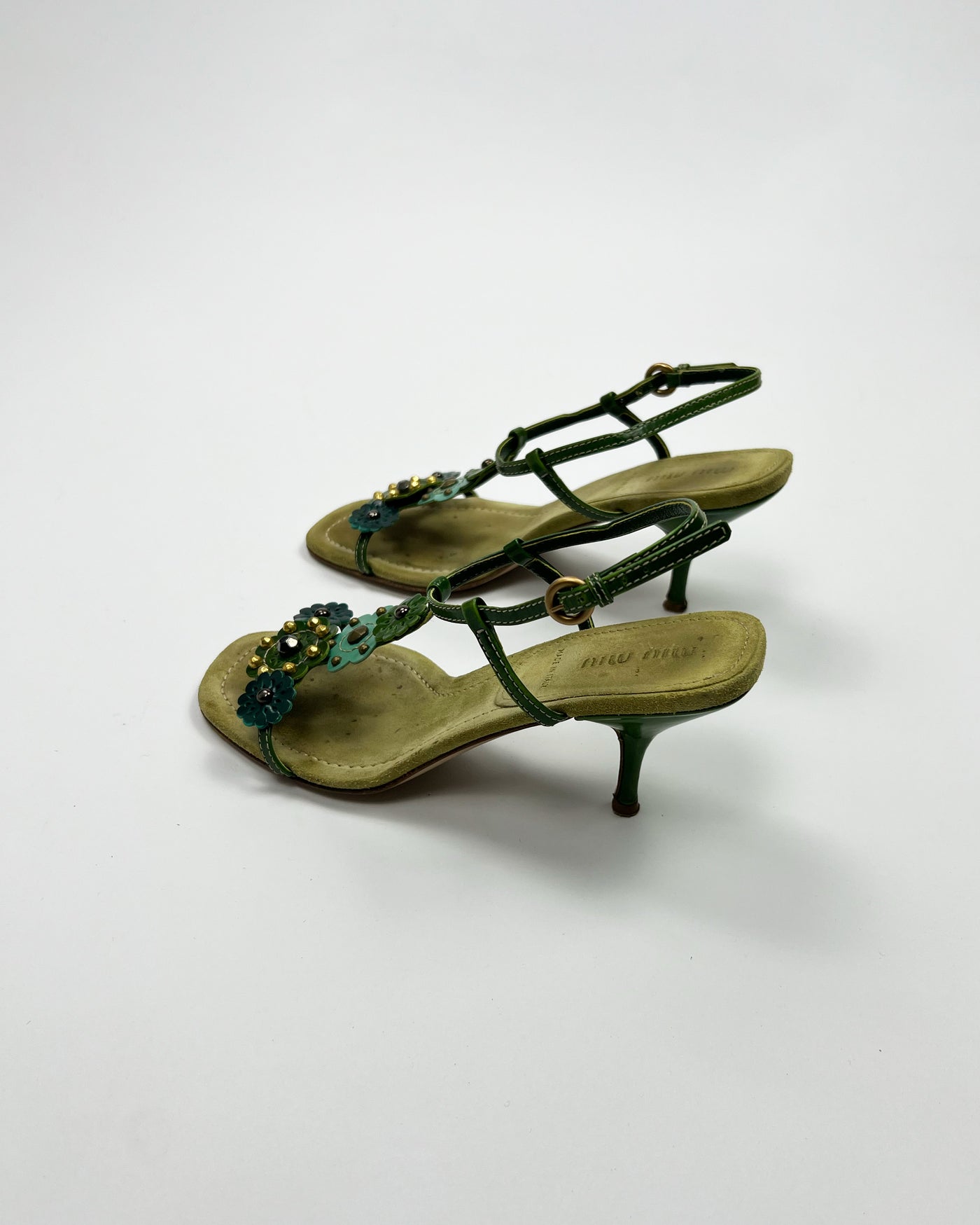 SS 2004 Miu Miu Floral T Bar Heels in Green / Aqua Suede & Leather  - UK 3