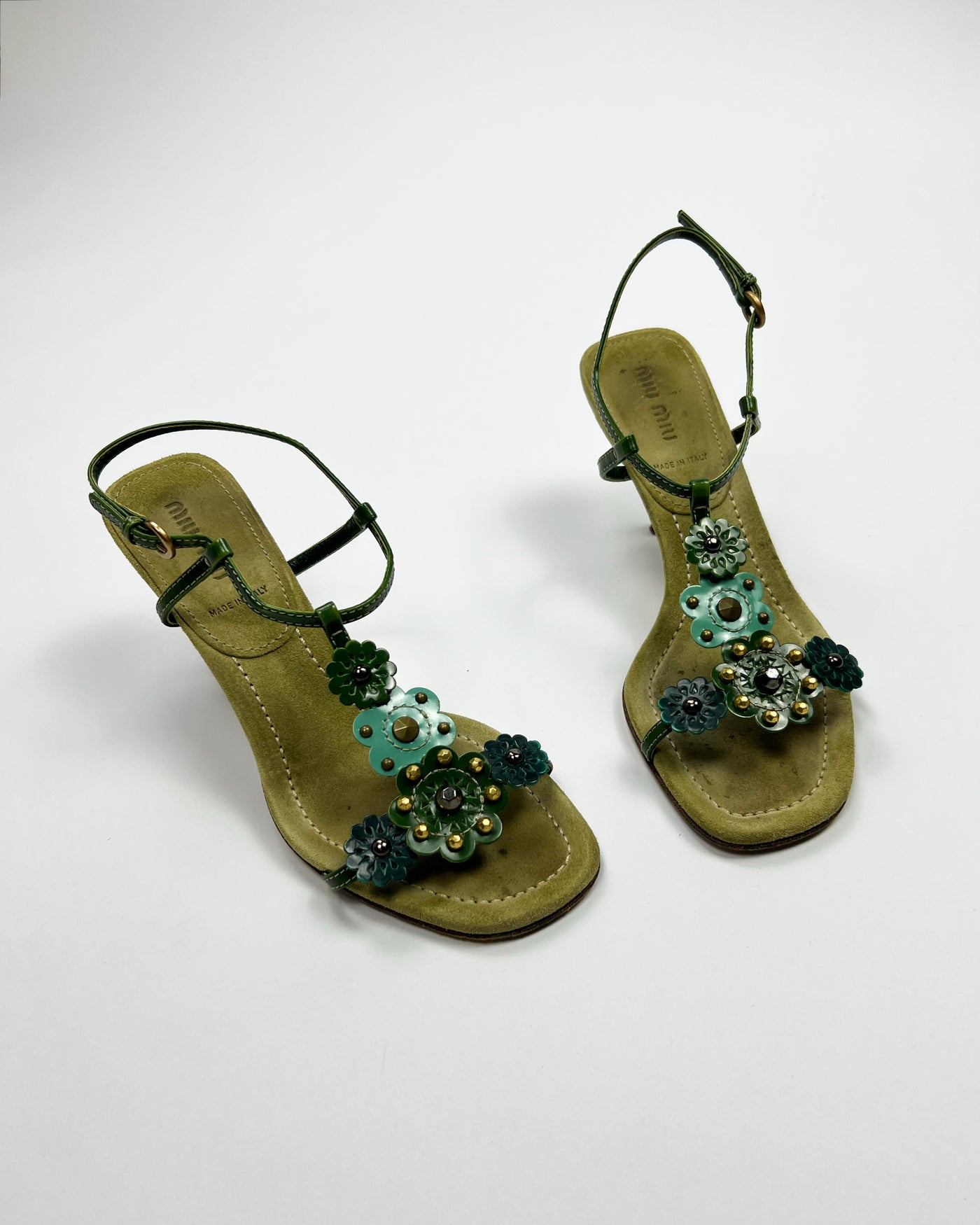 SS 2004 Miu Miu Floral T Bar Heels in Green / Aqua Suede & Leather  - UK 3