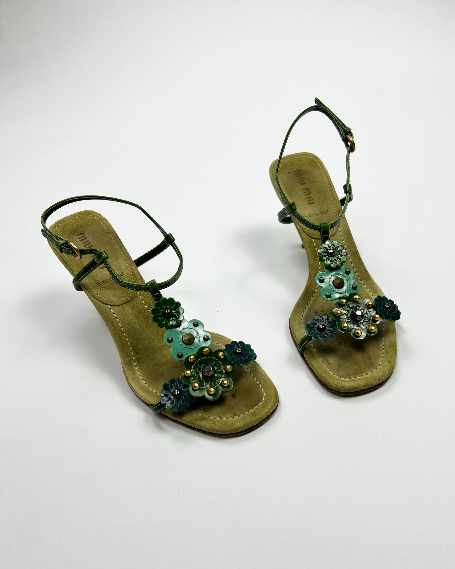 SS 2004 Miu Miu Floral T Bar Heels in Green / Aqua Suede & Leather  - UK 3