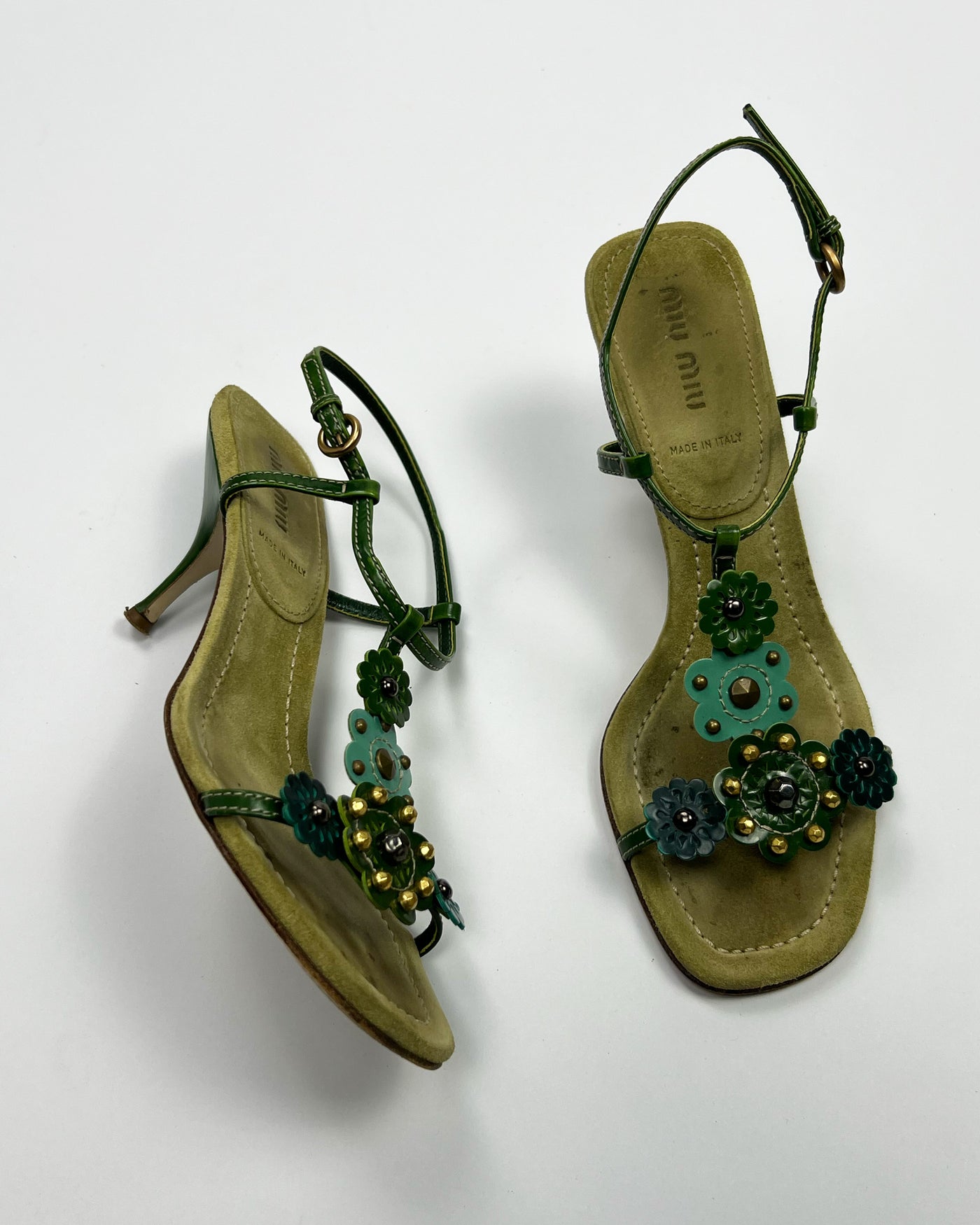 SS 2004 Miu Miu Floral T Bar Heels in Green / Aqua Suede & Leather  - UK 3