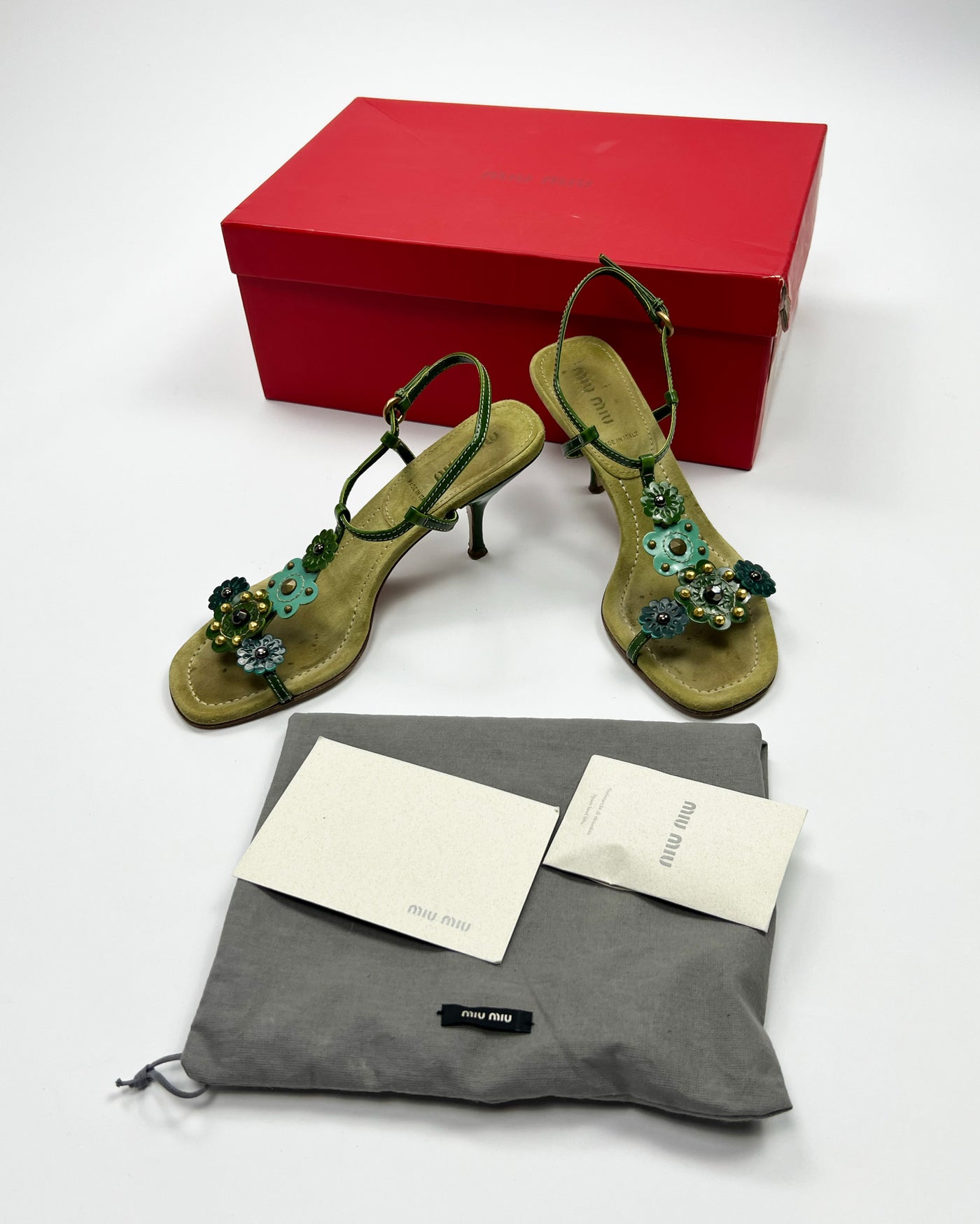 SS 2004 Miu Miu Floral T Bar Heels in Green / Aqua Suede & Leather  - UK 3