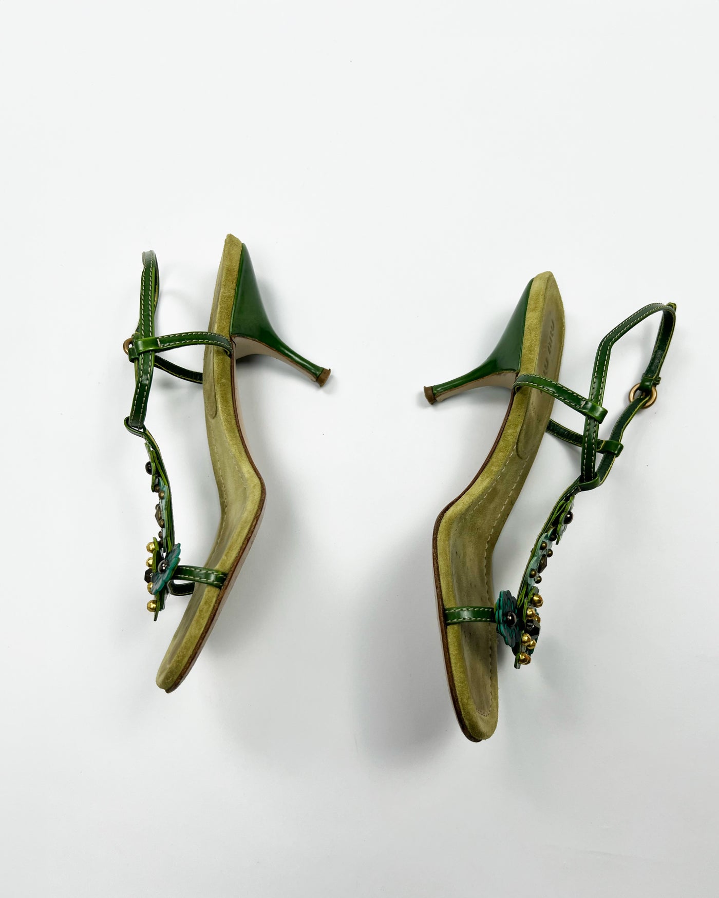 SS 2004 Miu Miu Floral T Bar Heels in Green / Aqua Suede & Leather  - UK 3