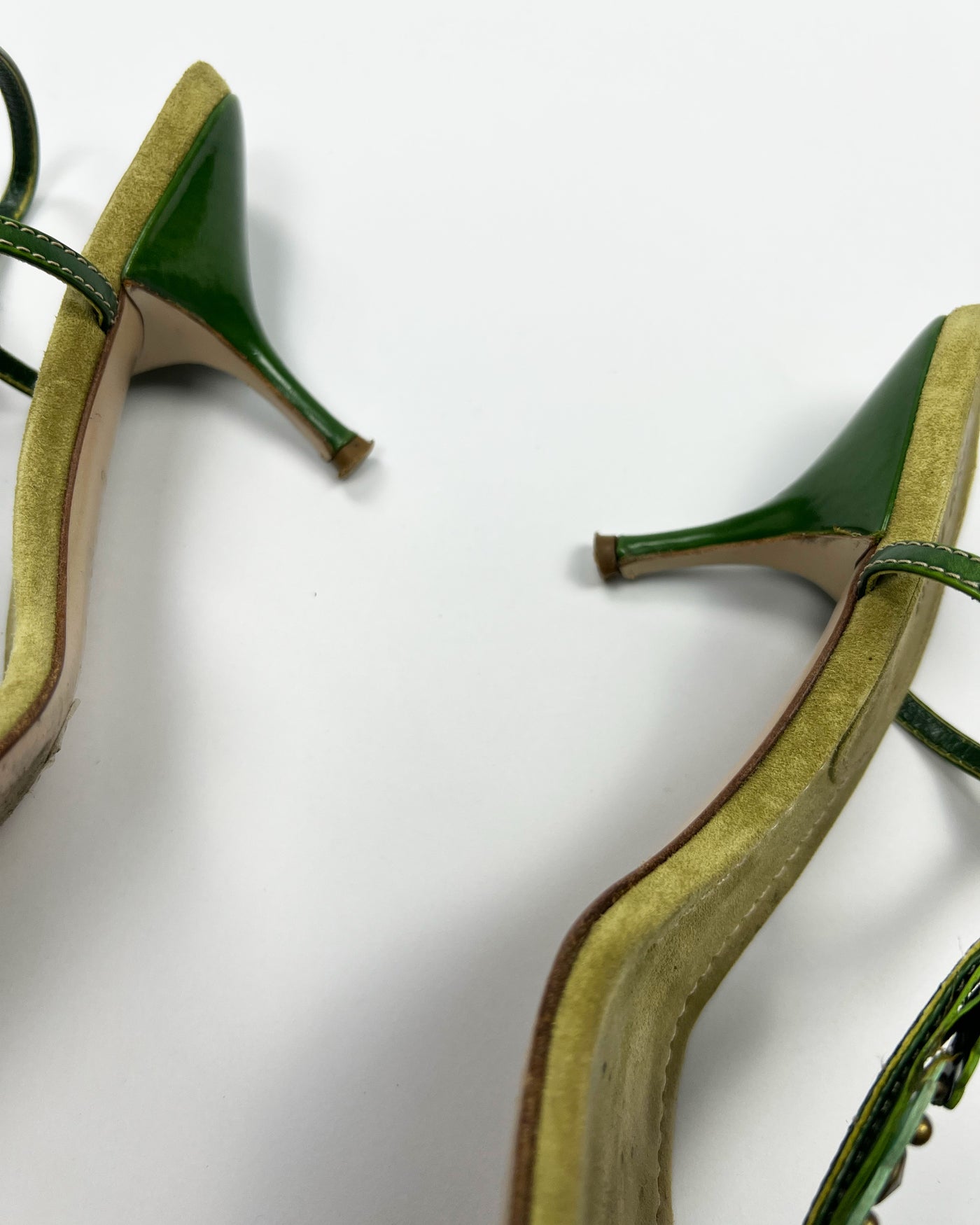 SS 2004 Miu Miu Floral T Bar Heels in Green / Aqua Suede & Leather  - UK 3
