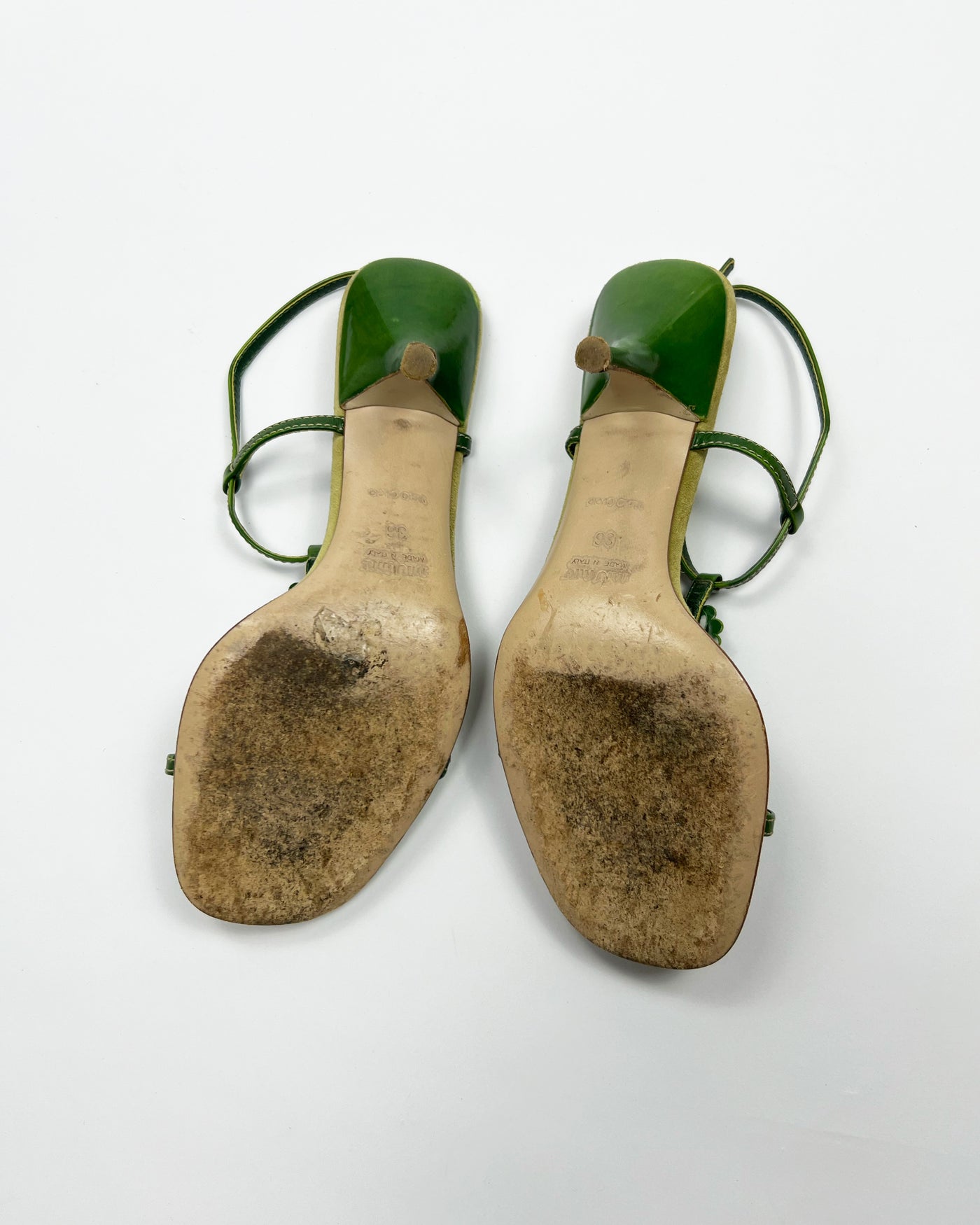 SS 2004 Miu Miu Floral T Bar Heels in Green / Aqua Suede & Leather  - UK 3