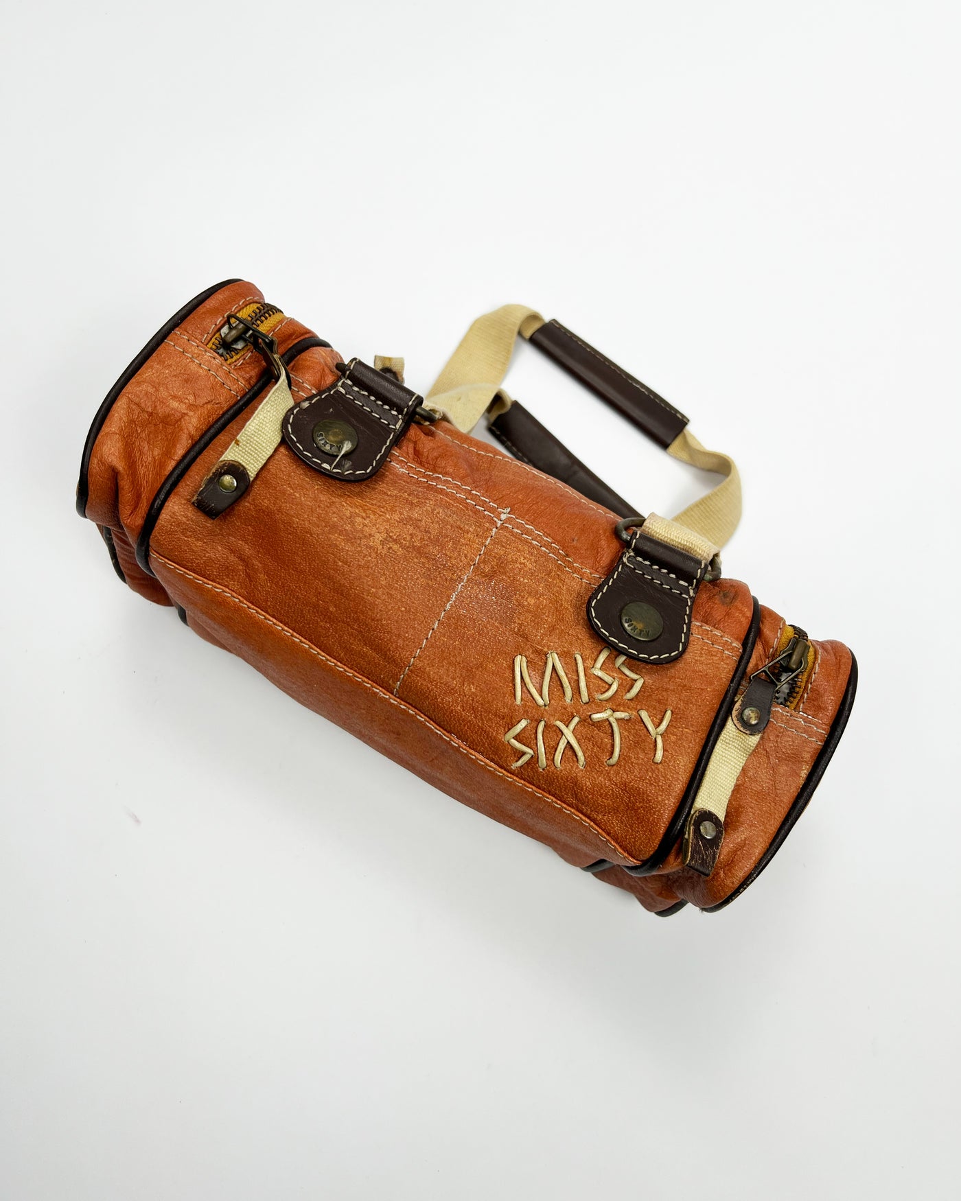 Early 00's Miss Sixty Leather Barrel Shoulder Bag in Orange