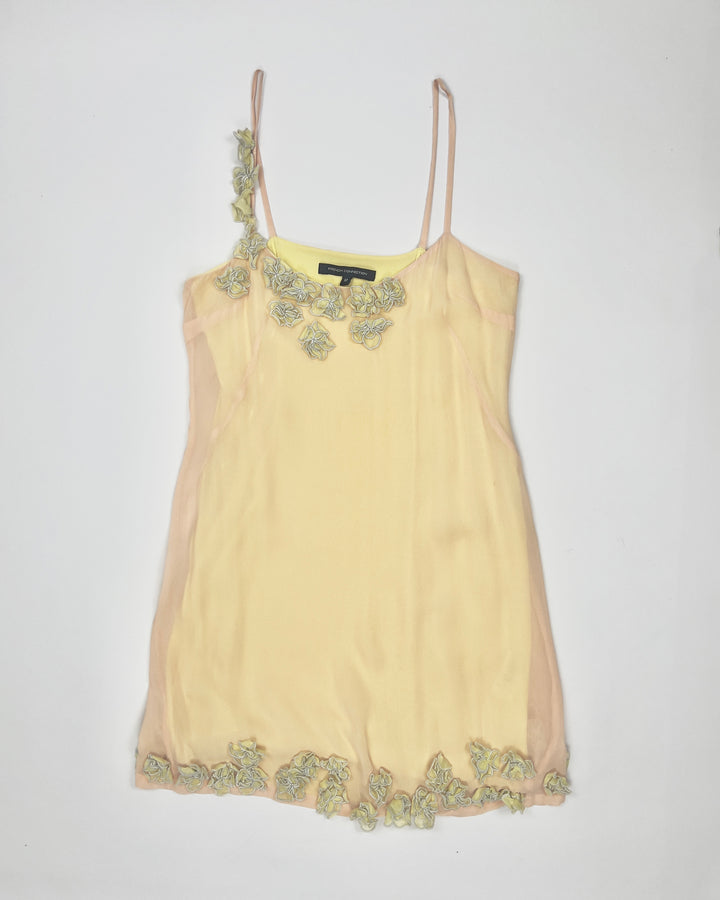 00's French Connection Slip Dress with Floral Applique in Nude / Yellow / Blue / Green - M