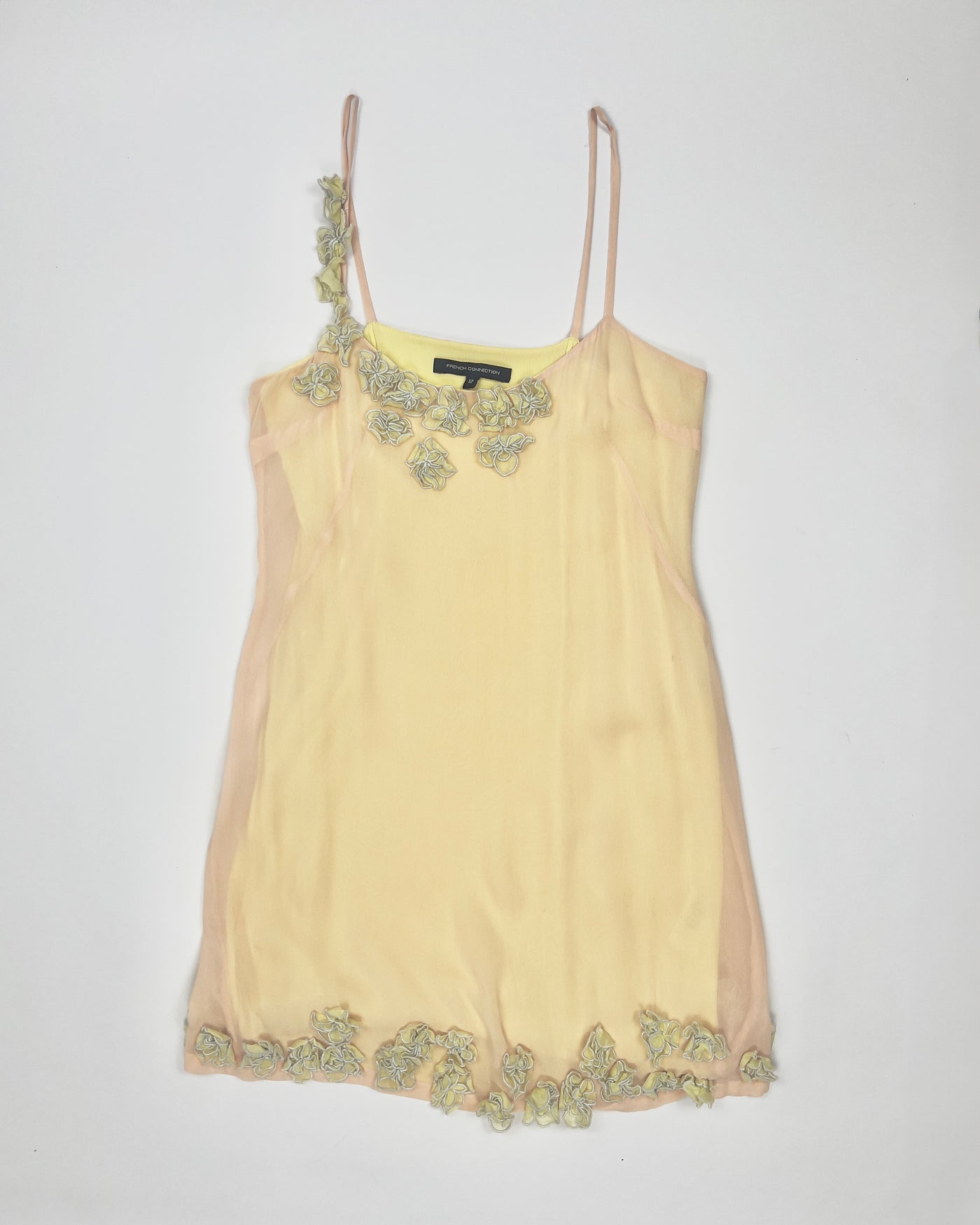 00's French Connection Slip Dress with Floral Applique in Nude / Yellow / Blue / Green - M