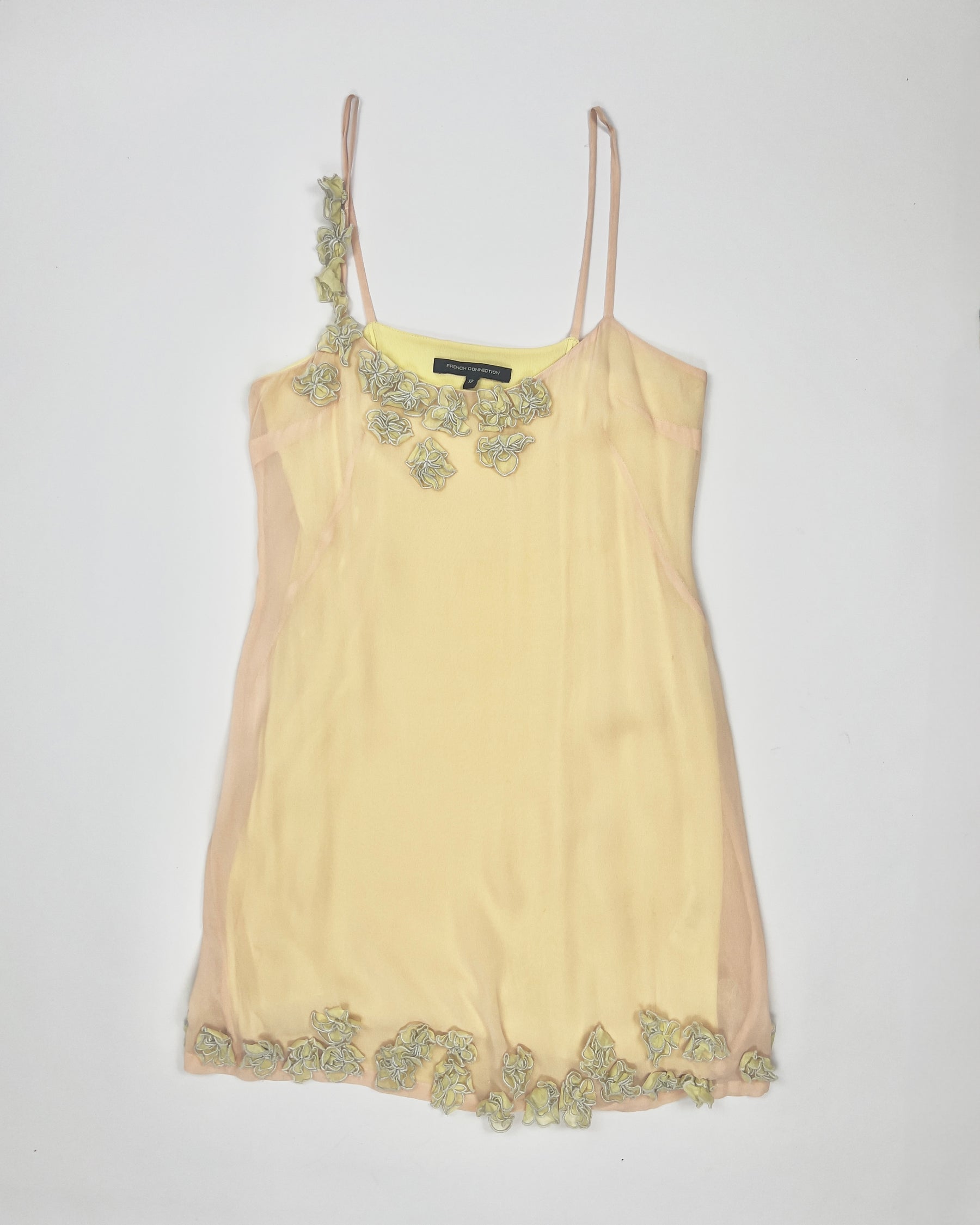 00's French Connection Slip Dress with Floral Applique in Nude / Yellow / Blue / Green - M