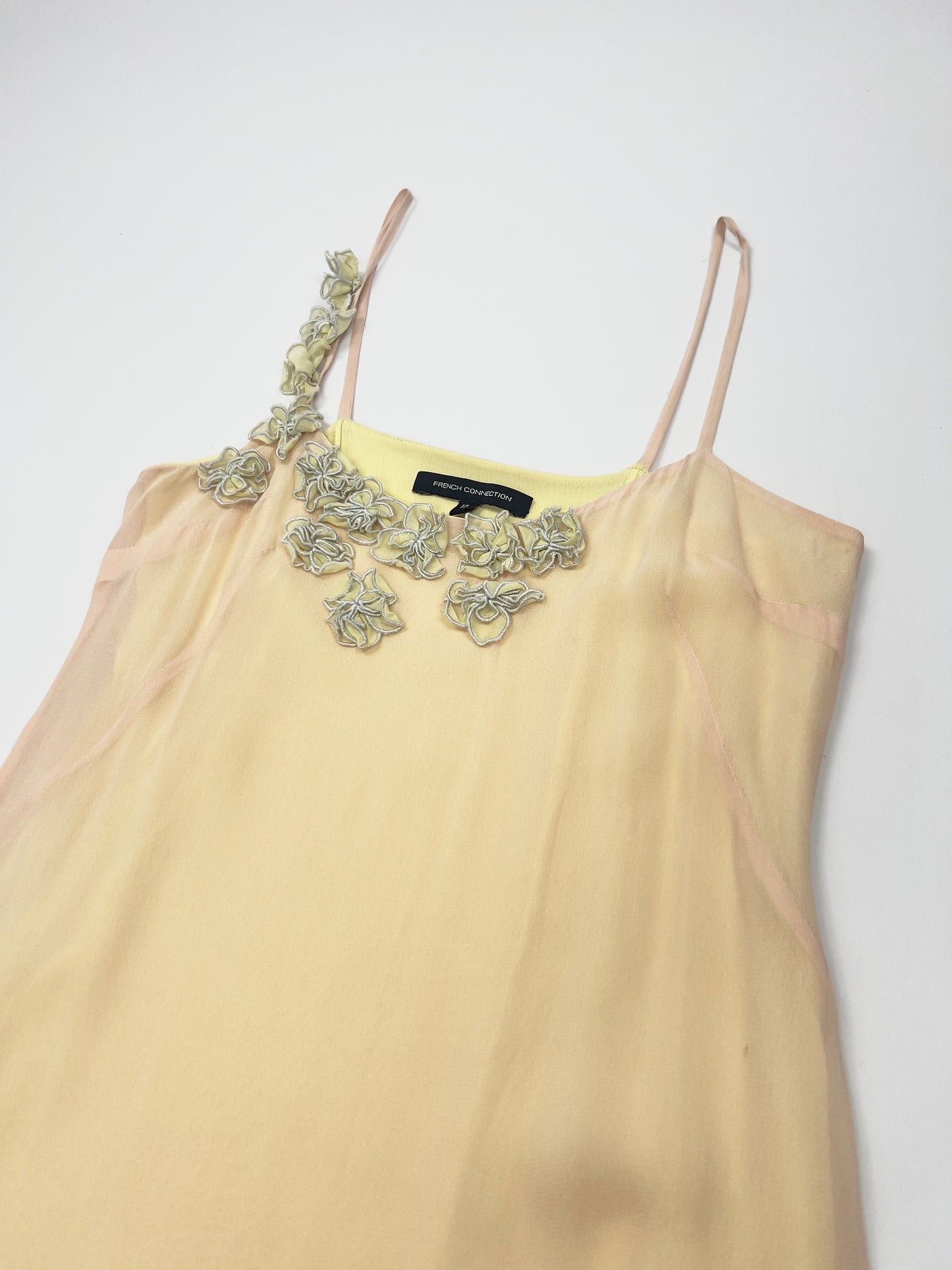 00's French Connection Slip Dress with Floral Applique in Nude / Yellow / Blue / Green - M