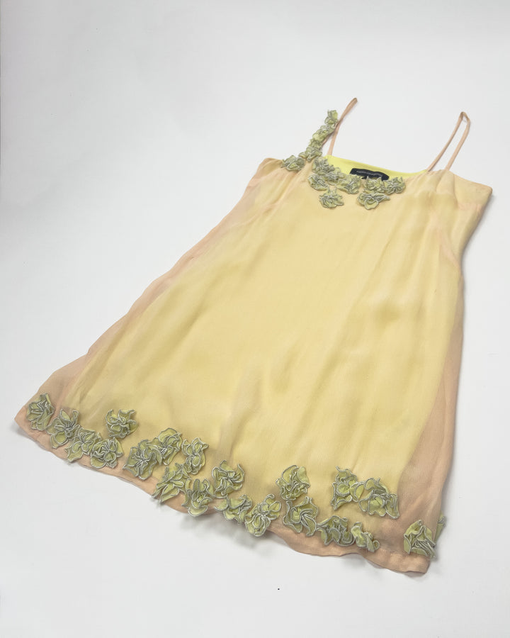 00's French Connection Slip Dress with Floral Applique in Nude / Yellow / Blue / Green - M