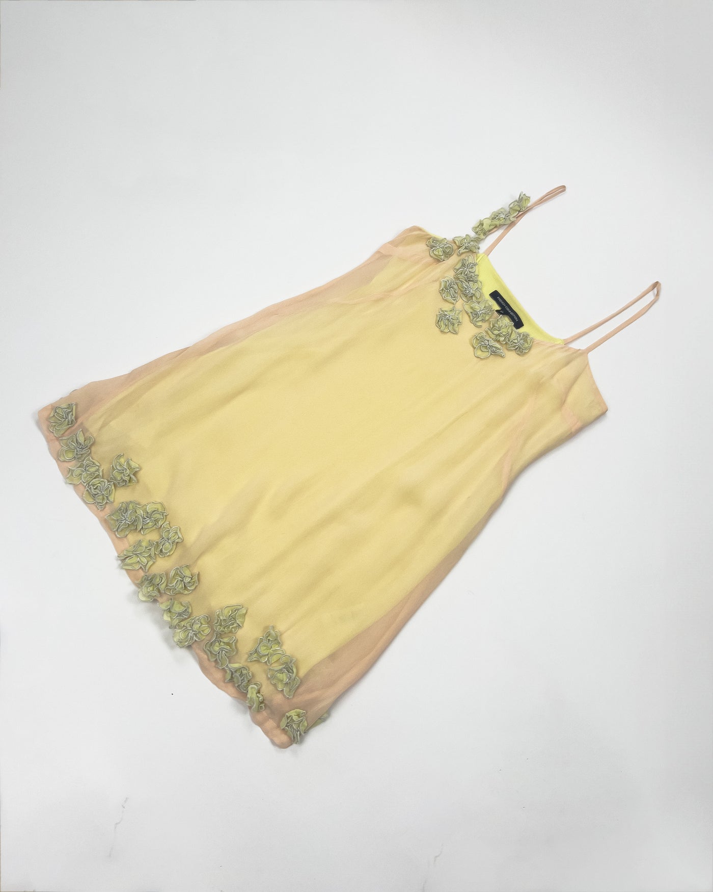 00's French Connection Slip Dress with Floral Applique in Nude / Yellow / Blue / Green - M