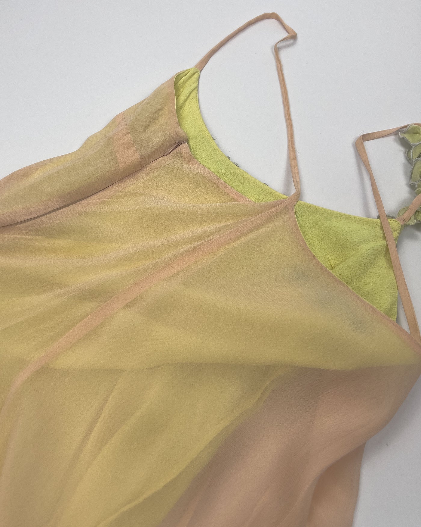 00's French Connection Slip Dress with Floral Applique in Nude / Yellow / Blue / Green - M